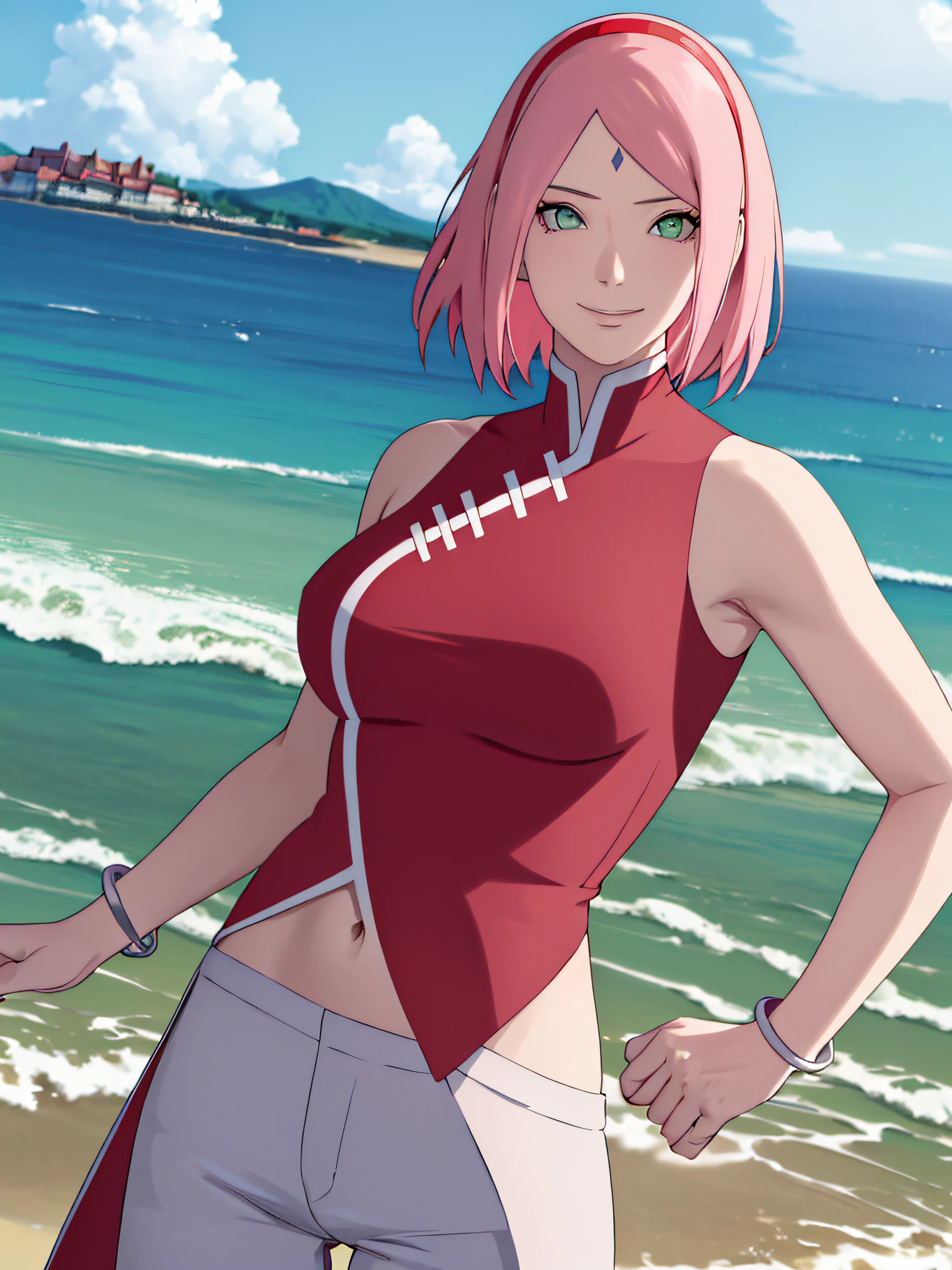 masterpiece, 1k, portrait, face shot, professional artwork, detailed beach background, intricate details, colorful, digital blending, (ultra detailed body, ultra detail hair, ultra detail face), trending on pixiv, kind smile, very hot color, best quality, anime style: 1.9, 1girl, hires, haruno sakura, contrasty lighting, (forehead mark, milf, red hairband, pale skin, short hair, ((red sleeveless dress), white pants), navel, groin, bracelet, looking at viewer, crossed arms, pink hair, green eyes, smile, beach, wind, floating hair, detailed arms, off-shoulders, slightly muscular arms, standing), sunnyday
