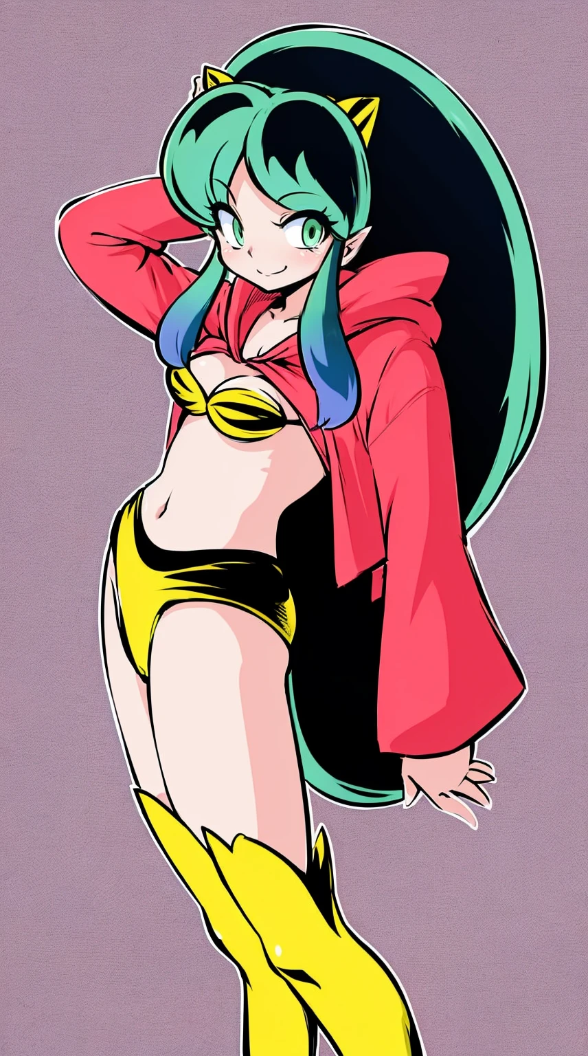 lum, , superhero costume, urusei yatsura, cloak, pants, pullover, kimono,martial pov,, pantyhose, sharpteeth, standing,smile, matial art