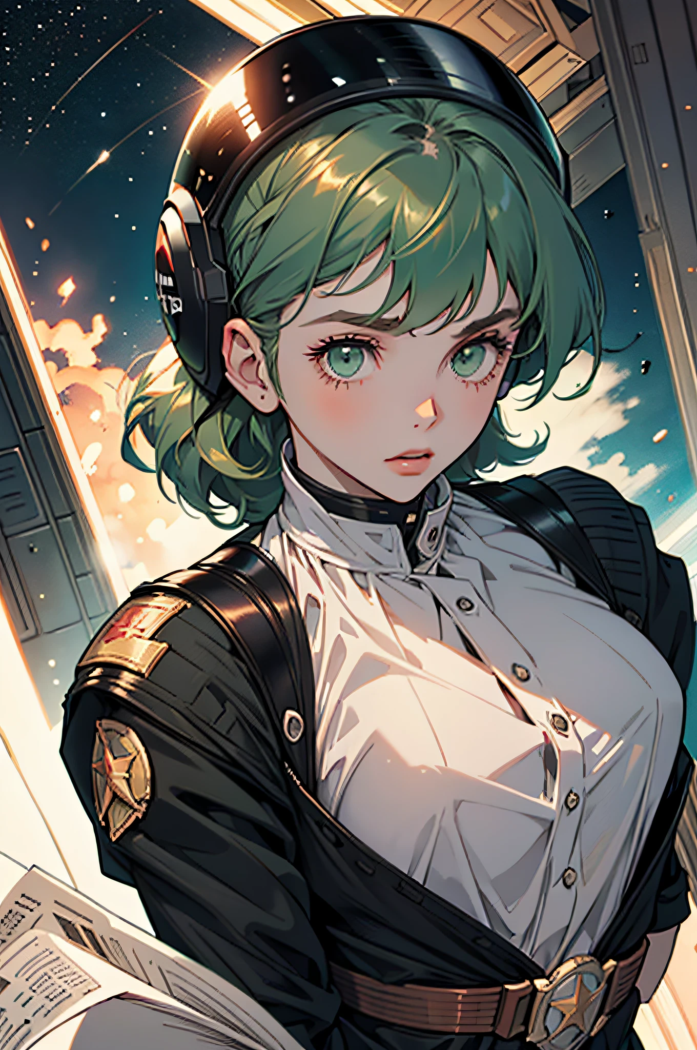 1girl in, Gorgeous green eyes and details, Shiny hair, Black hair, Hair between the eyes, Straight, Screen Center, Looking up at the flat, CCCPposter, On coffee-colored sheets, Style Old News, sovietposter, youthfulness, USSR style, In outer space, the sea of star, Red CCCP letters at the top of the helmet, weightless, side lights, reflection, Reflects sunlight, space suits