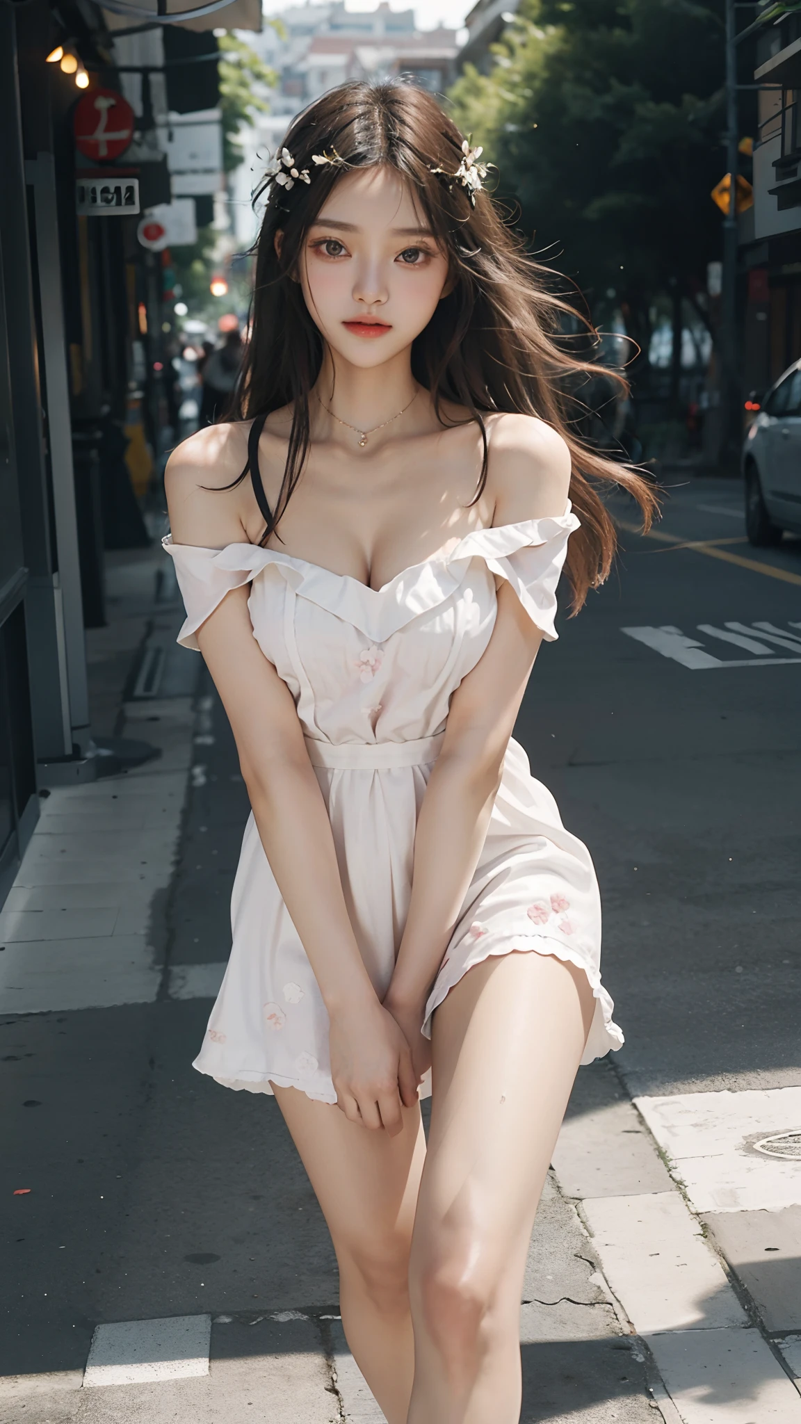 ((knee shot)), Shot from a random perspective, 22-year-old Asian model, slim, Slimming the waist, curlies, White floral dress, high-waist, cropped shoulders, warm lights, Warm tones Slender legs, Cross ed leg, In the park, Walking casually, warm lights, a warm color palette, Dynamic pose, posing elegantly, blonde hair, streaked hair, hair ornament, heart-shaped pupils, makeup, light smile, shy, licking lips, Romanticism, Social realism, chiaroscuro, motion blur, anaglyph, Sony FE GM, UHD, masterpiece, textured skin, super detail, best quality