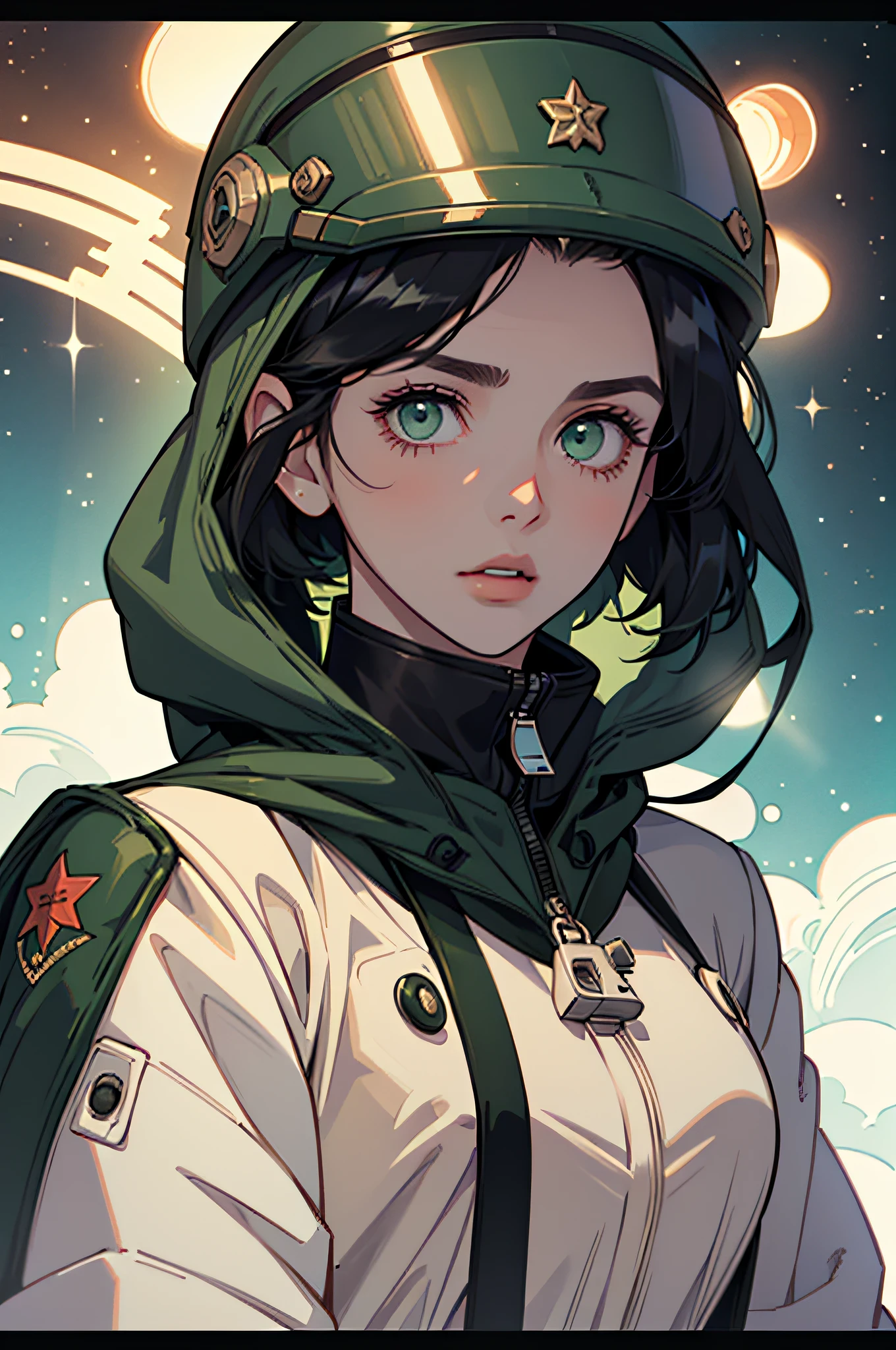 1girl in, Gorgeous green eyes and details, Shiny hair, Black hair, Hair between the eyes, Straight, Screen Center, Looking up at the flat, CCCPposter, On coffee-colored sheets, Style Old News, sovietposter, youthfulness, USSR style, In outer space, the sea of star, Red CCCP letters at the top of the helmet, weightless, side lights, reflection, Reflects sunlight, space suits