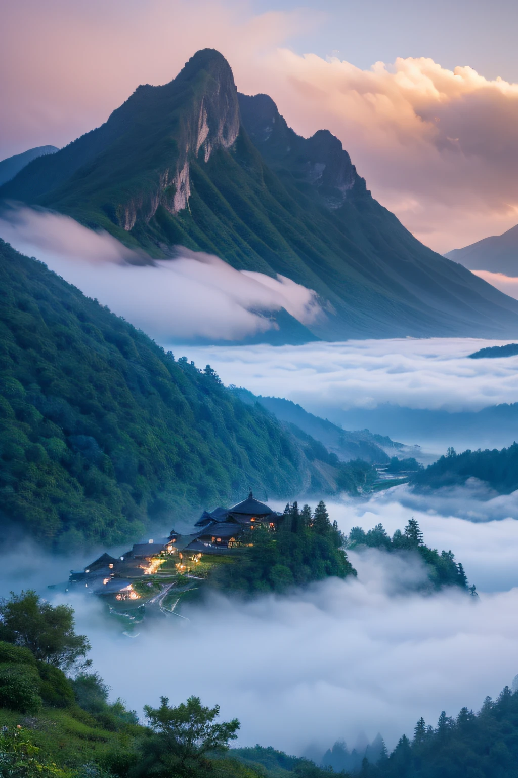 Masterpiece，Very detailed，Gorgeous, landscape, Immortal Mountain，Spirit Mountain， florals,  starrysky, astounding, Vistas, Peaceful, radiating with light,，Where the immortals lived，The dwelling of God，Splendid architecture，mist，Cloud fog