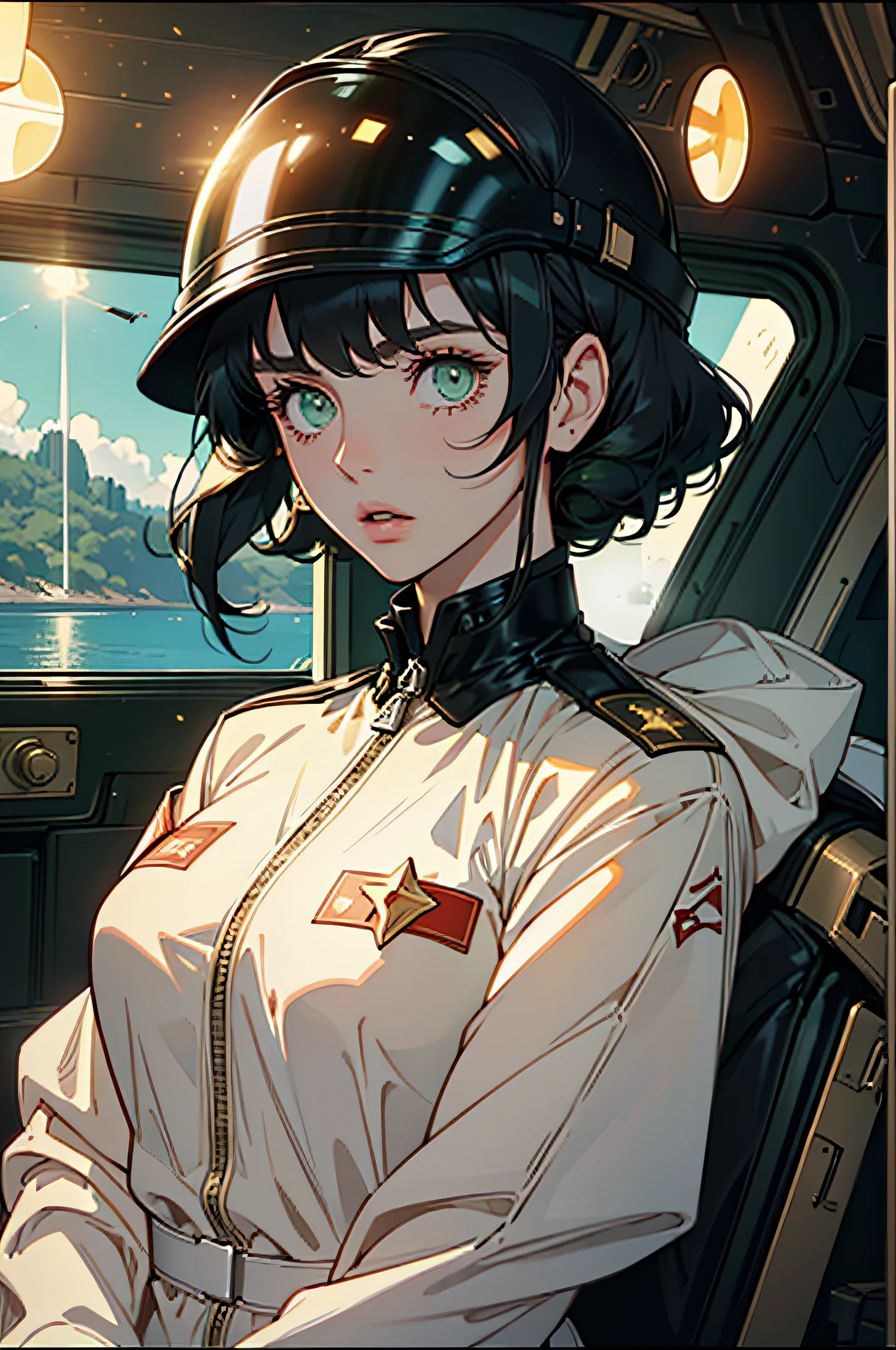 1girl in, Gorgeous green eyes and details, Shiny hair, Black hair, Hair between the eyes, Straight, Screen Center, Looking up at the flat, CCCPposter, On coffee-colored sheets, Style Old News, sovietposter, youthfulness, USSR style, In outer space, the sea of star, Red CCCP letters at the top of the helmet, weightless, side lights, reflection, Reflects sunlight, space suits
