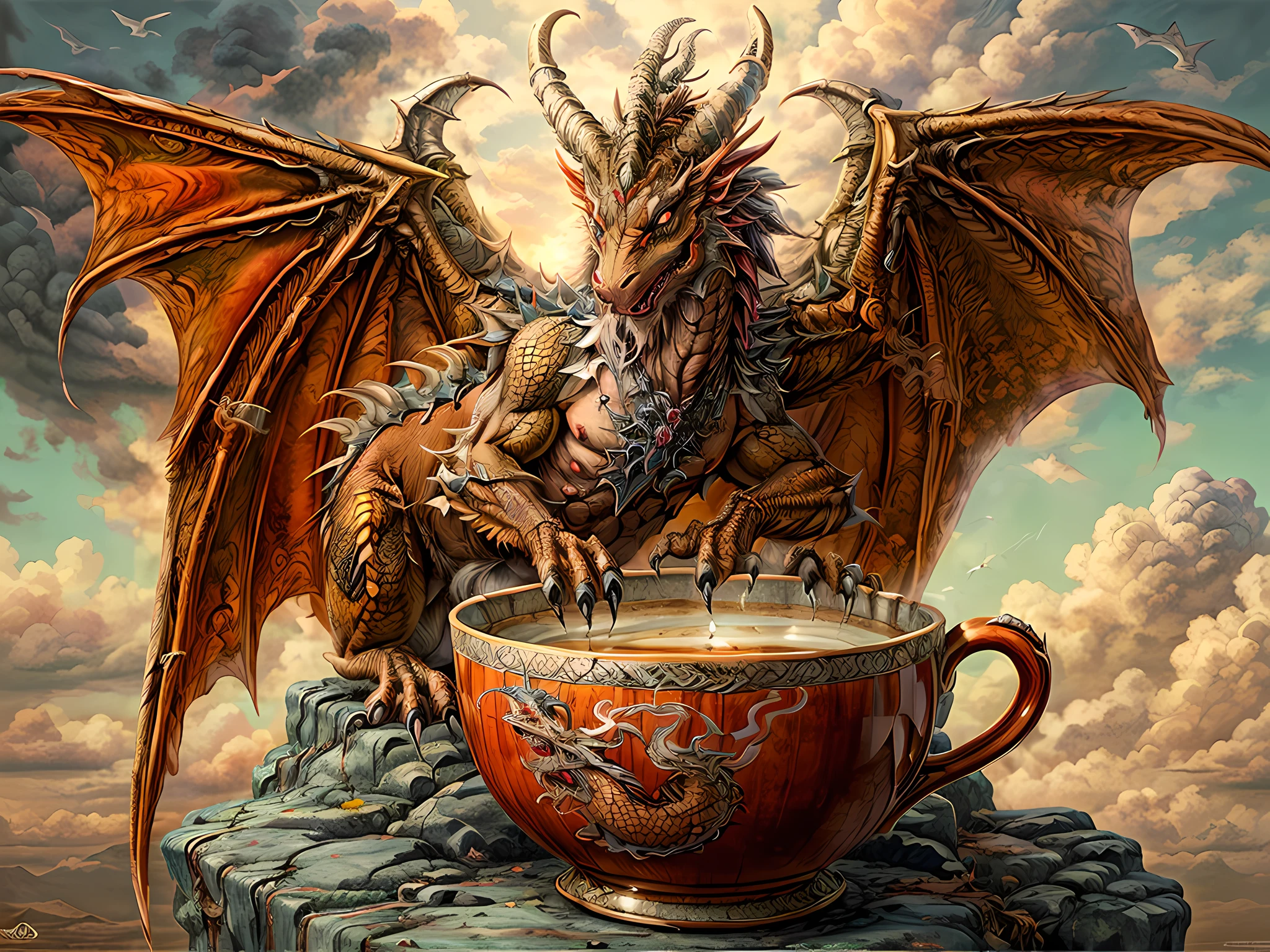 a picture of a red dragon sitting on a massive rock , holding a tea cup (drinking hot tea from a porcelain tea cup: 1.5) (best details, Masterpiece, best quality :1.5), dragon_real cloudy skies background, an epic red dragon (best details, Masterpiece, best quality :1.5) extremely detailed dragon,  horns, dragon_wings, dragon wings wide spread, ultra detailed face,  the tea cup is majestic, with intricate decorations  (best details, Masterpiece, best quality :1.3) , birds view, sun rays, red divine rays, sun rays reflected in clouds (best details, Masterpiece, best quality :1.5), sense of serenity sense of awe majestic atmosphere, ultra best realistic, best details, best quality, 16k, [ultra detailed], masterpiece, best quality, (extremely detailed), ultra wide shot, photorealism, depth of field, hyper realistic painting,