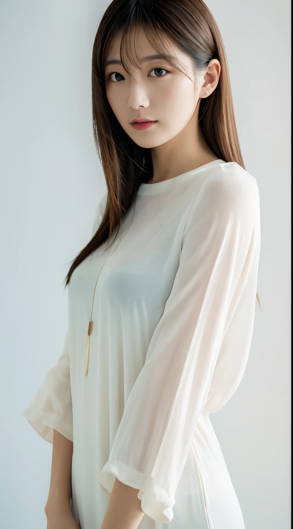 ((masterpiece,top-quality)), (photographrealistic:1.4),((masutepiece,8K)),hight resolution,Studio Soft Light, Rim Lights, vibrant detail, realistic skin textures,Japanese, 1 beautiful woman, long Hair, wave hair, faint thin bangs, make - up, 34 years old, Detailed skin, long-sleeve tunic blouse, wide-leg pants, Standing, White background, White Room,white walls, fully body photolooking at viewer
