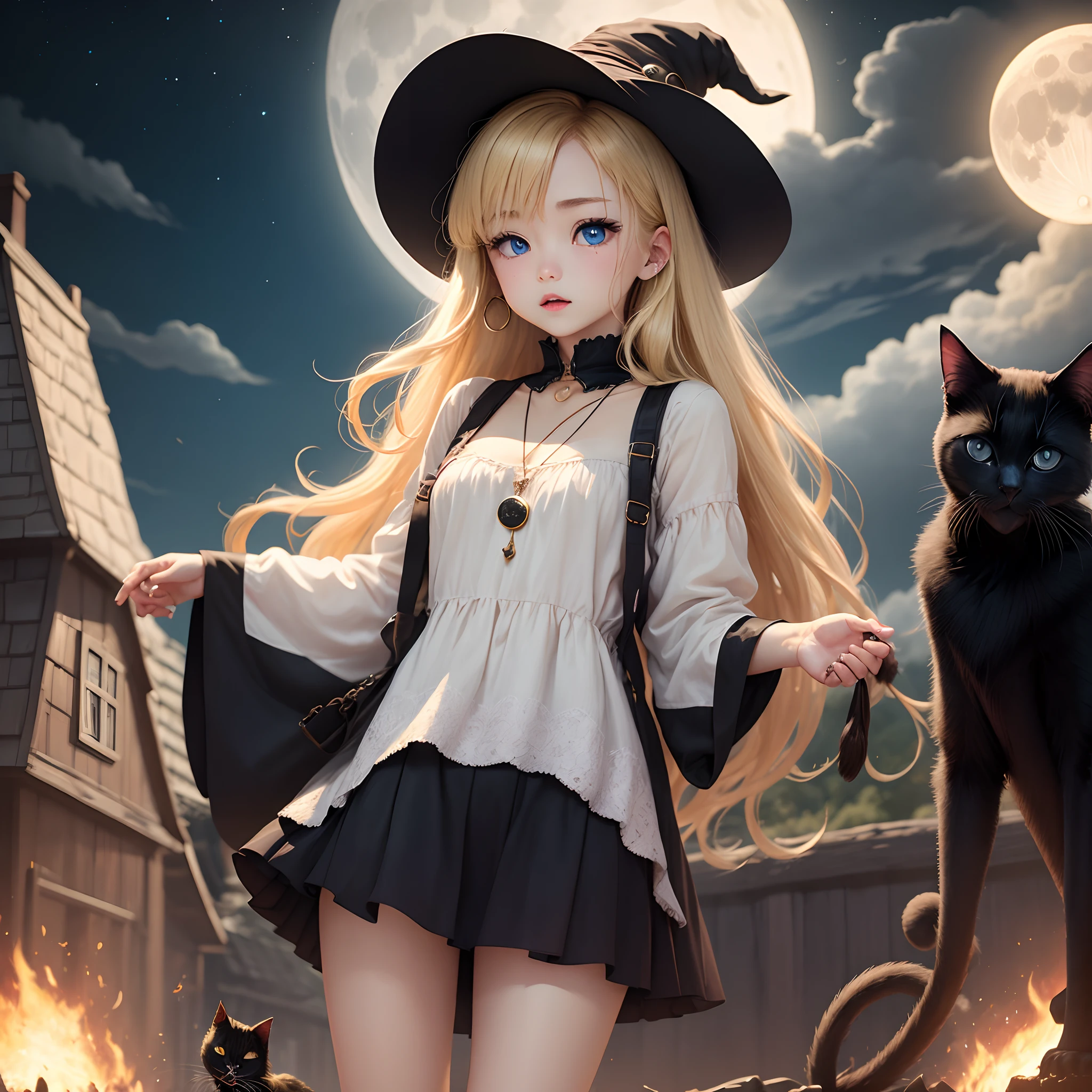 a blond、Long、girl with、the witch、black cat、a moon、Boom、Pendants、blue eyess