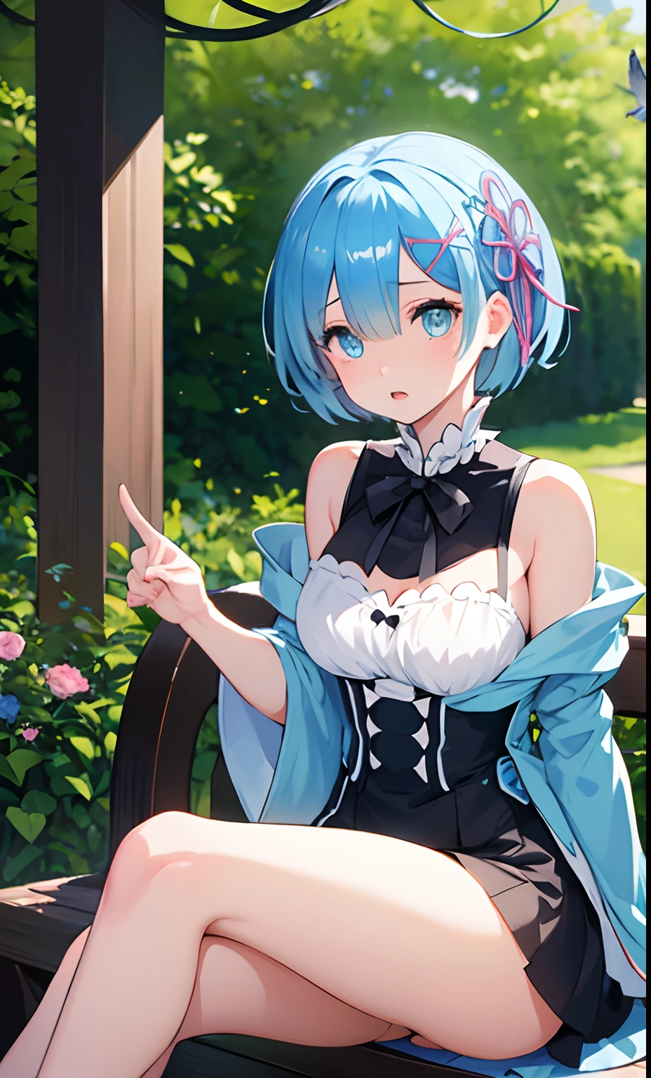 ((solo:1.2)),cute girl sitting on bench in garden,from above,looking up,cobblestone pavement,aqua hair,fine bob cut,(hair over one eye),(dappled sunlight:1.2),blurry,(depth of field:1.1),head tilt,:o,(petals),tree,butterfly, naked without clothes Show details of the body.
