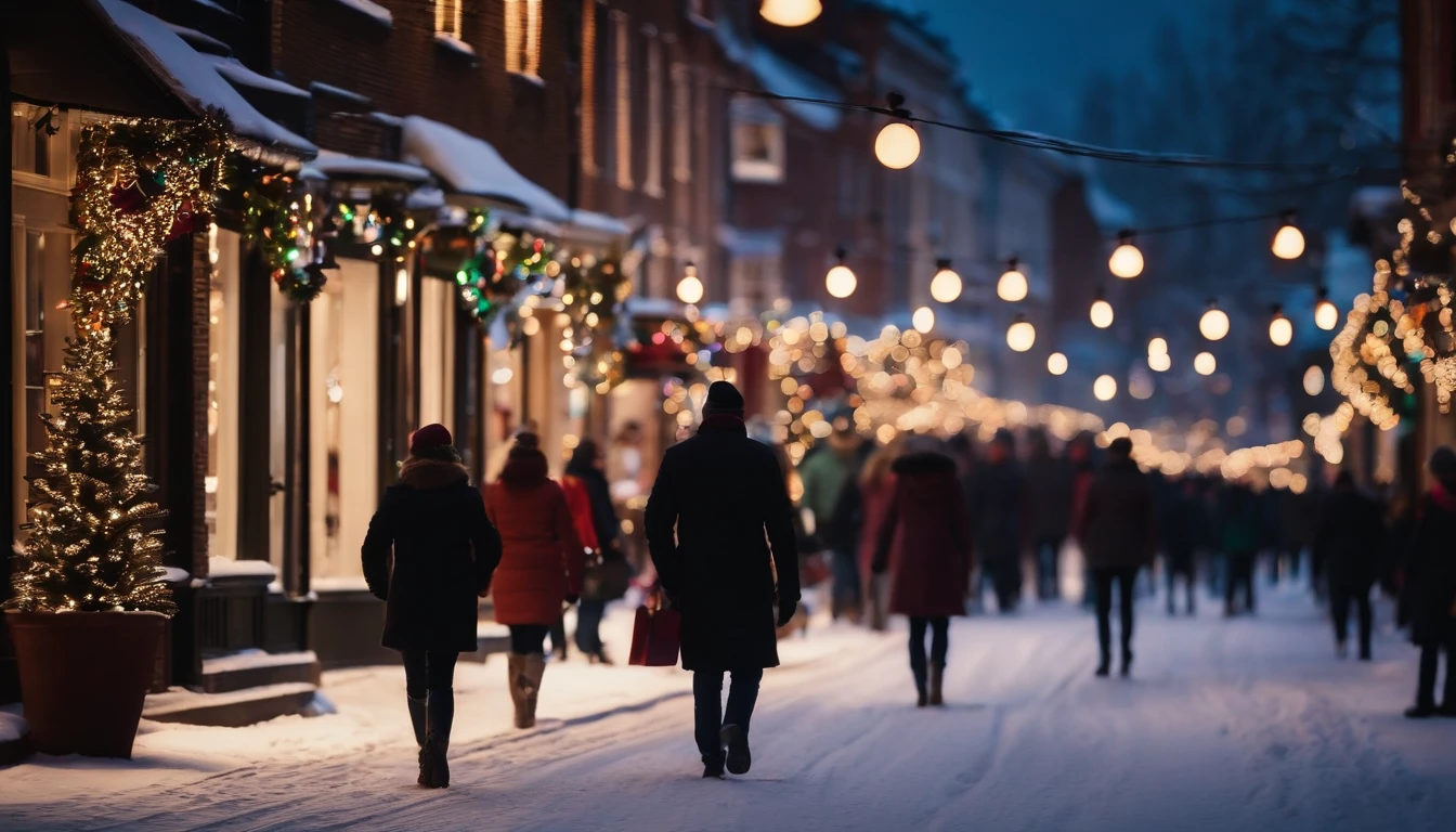 A snowy street with colorful Christmas lights strung across the buildings, while people stroll by with shopping bags and hot beverages in hand.