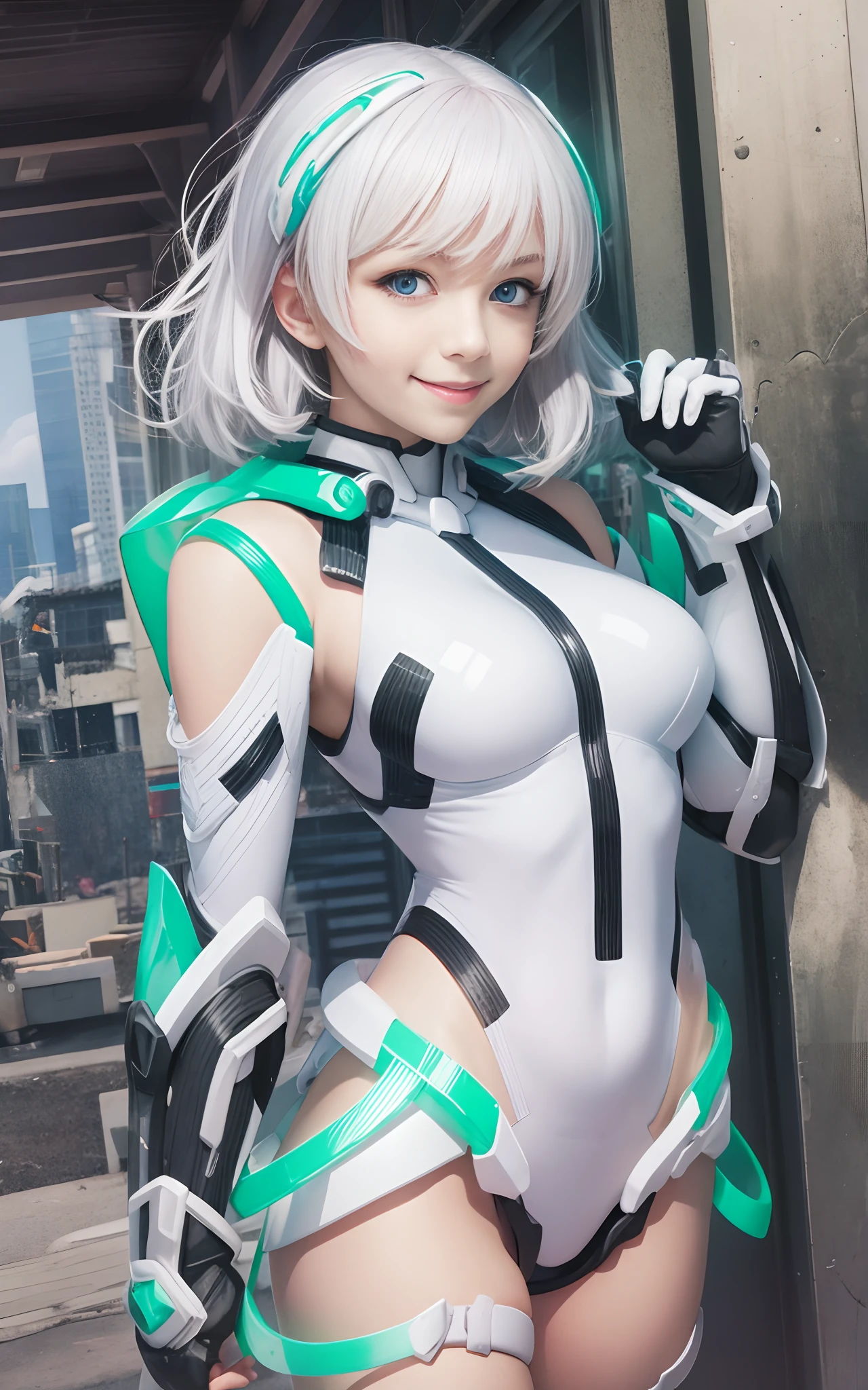 lightsmile, deva battle suit, Outdoors, Silver hair, bobhair, Blue eyes, waist shot