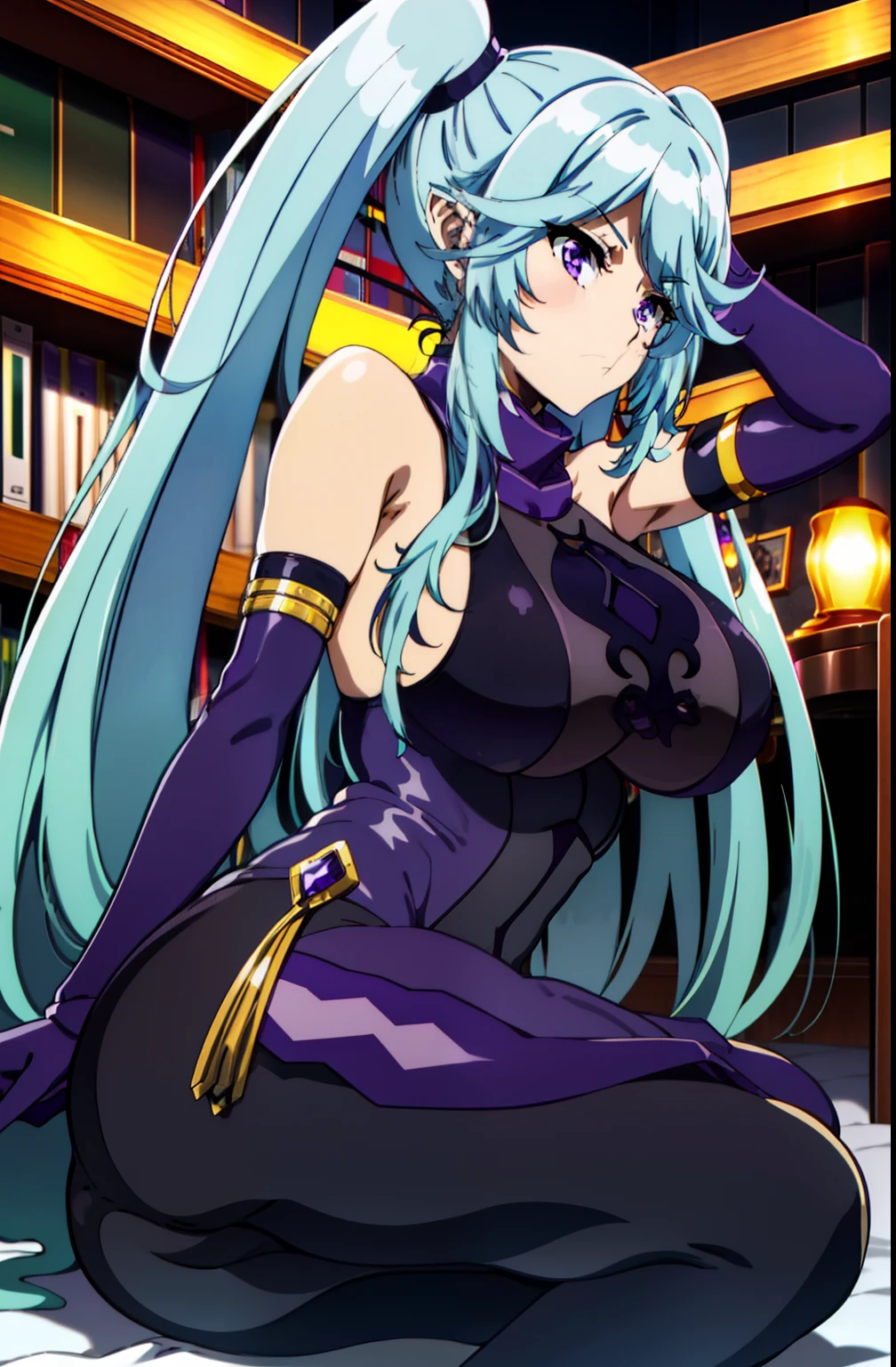 Purple eyes, all fours ass ass focus bed aqua hair blush breasts detached sleeves elbow gloves embarrassed female from behind gloves green eyes hair ornament hair ribbon ass large breasts leotard long hair looking at viewer looking back pantyhose shiny shiny clothes shiny hair shiny skin sideboob solo thick thighs thighlet top-down bottom-up twintails very long hair