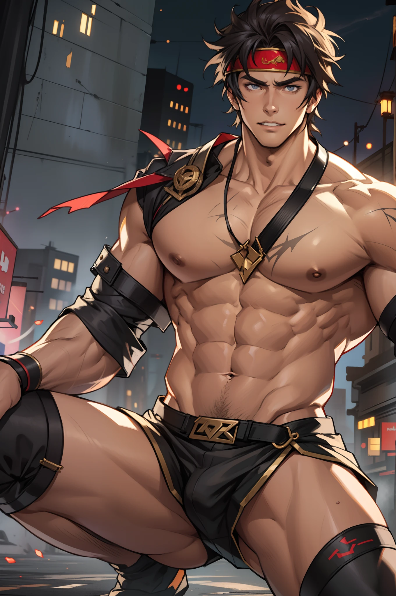 Highest image quality，male people，1 boy，Young and handsome，shoun，Short flat top hair，Dark  skin，anime，anime wallpaper，Solo，malefocus，Briefs，Dilation of the pectoral muscles，Bulging crotch，Urban background，spread their legs，Sexy,(Masterpiece, Best quality，Black stockings with garters），CG sense，Dark atmosphere，8K,Cinematic lighting effects