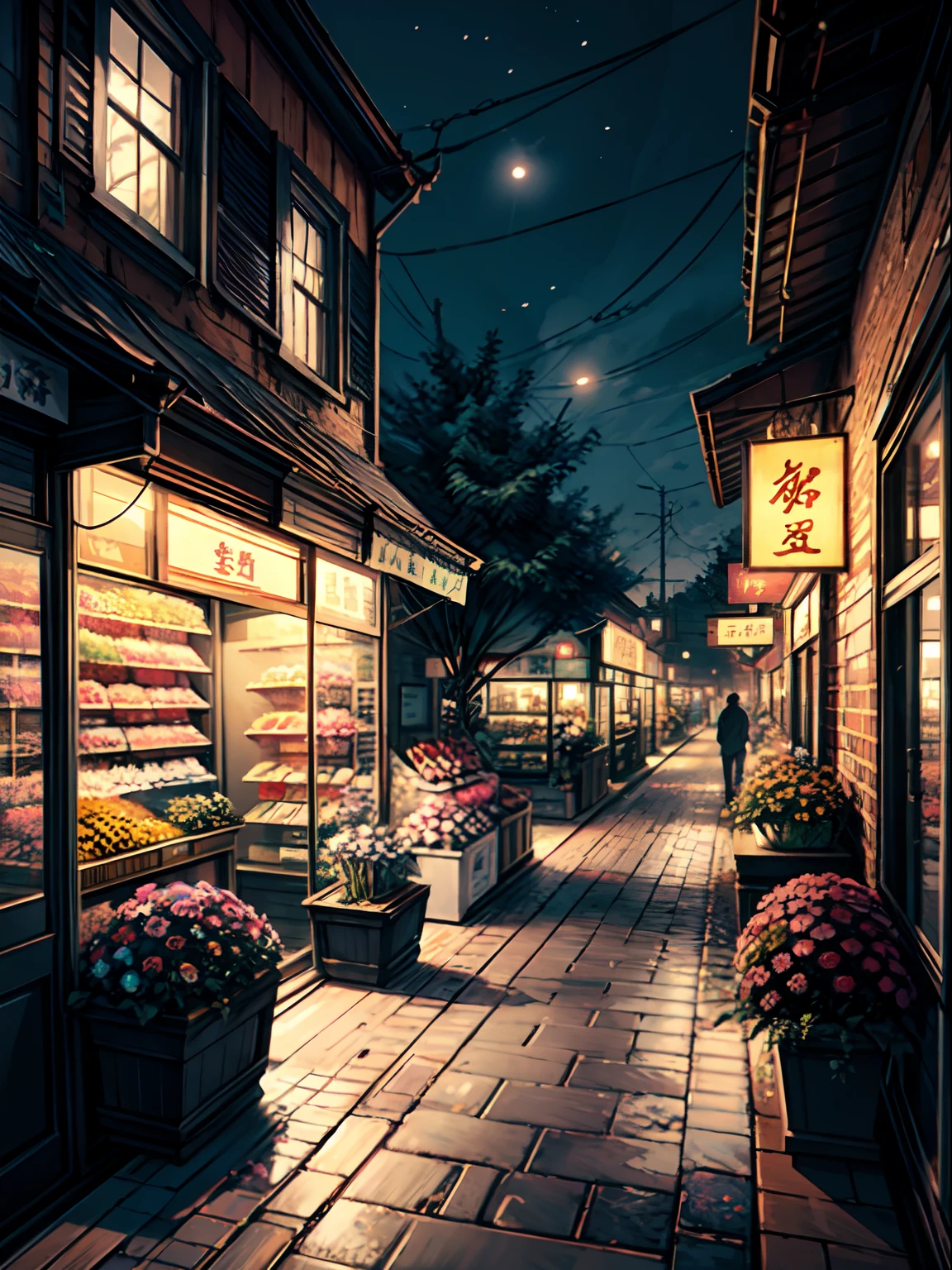 there is a store with many plants and flowers on the outside, high detailed store, flower shop scene, by Yang J, anime background art, convenience store, by Kamagurka, pleasant cozy atmosphere, by Ni Yuanlu, detailed scenery —width 672, magic shop, high detailed), dreamy atmosphere, by Arthur Pan, highly detailed scene