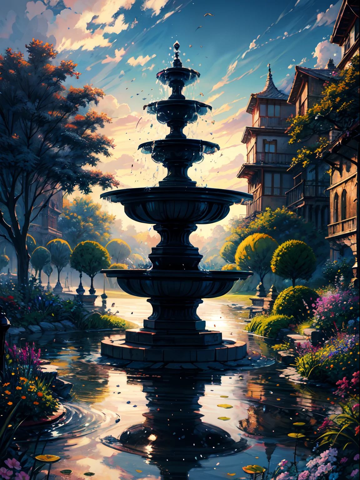 painting of a fantasy world garden,beautiful scenery, stone pavement , mid day sky,water fountain,((glistening look)),hd, High quality, water reflection, bushes,4k hd, cloud,beautiful art uhd 4 k, a beautiful artwork illustration, beautiful digital painting, highly detailed digital painting, beautiful digital artwork, detailed painting 4 k, very detailed digital painting, rich picturesque colors, gorgeous digital painting