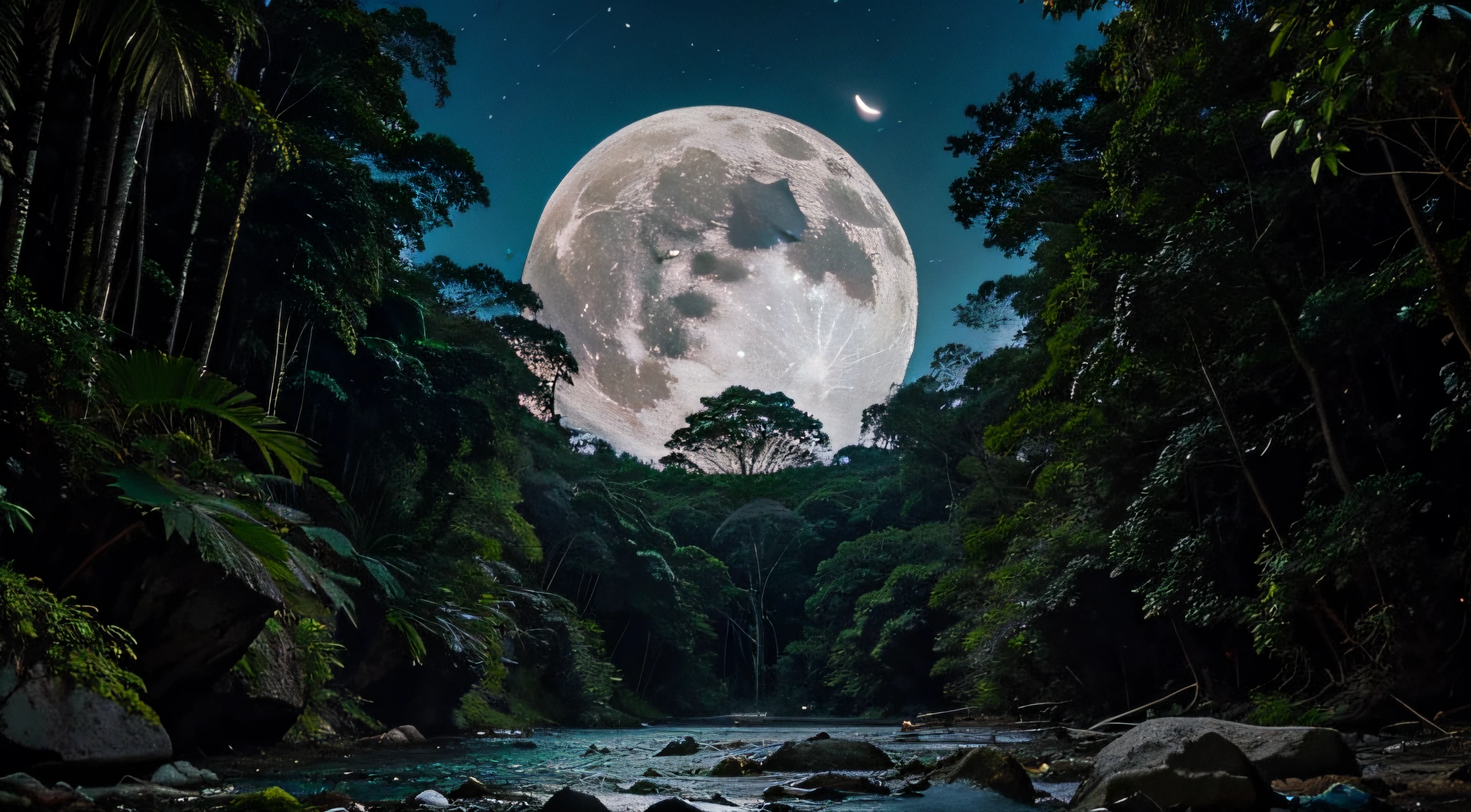 floresta tropical com cachoeira, moon on the sky, efeitos futurista