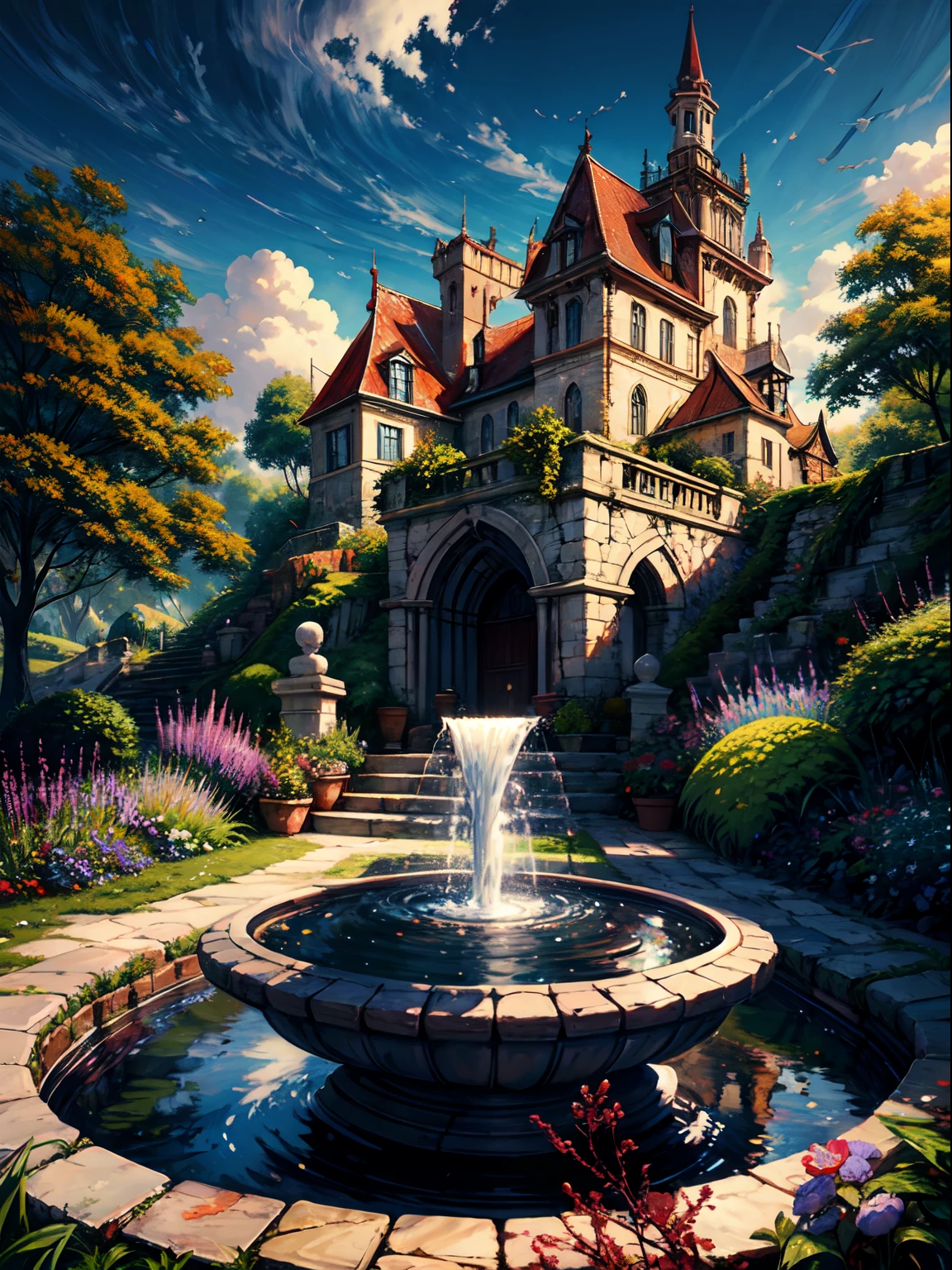 painting of a fantasy world garden,beautiful scenery, stone pavement , mid day sky,water fountain,((glistening look)),hd, High quality, water reflection, bushes,4k hd, cloud,beautiful art uhd 4 k, a beautiful artwork illustration, beautiful digital painting, highly detailed digital painting, beautiful digital artwork, detailed painting 4 k, very detailed digital painting, rich picturesque colors, gorgeous digital painting