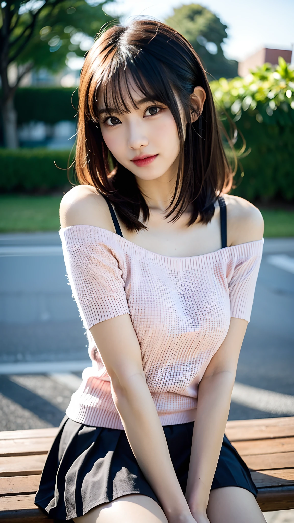 ((cowboy shot)), Shot from a random perspective, 22-year-old Asian model, slim, Slimming the waist, curlies, JK clothing, Pink shirt, White pleated skirt, cropped shoulders, warm lights, Warm tones Slender legs, Cross ed leg, In the park, Sit Pose, sitting on a bench, blonde hair, streaked hair, hair ornament, heart-shaped pupils, makeup, light smile, shy, licking lips, Romanticism, Social realism, chiaroscuro, motion blur, anaglyph, Sony FE GM, UHD, masterpiece, textured skin, super detail, best quality