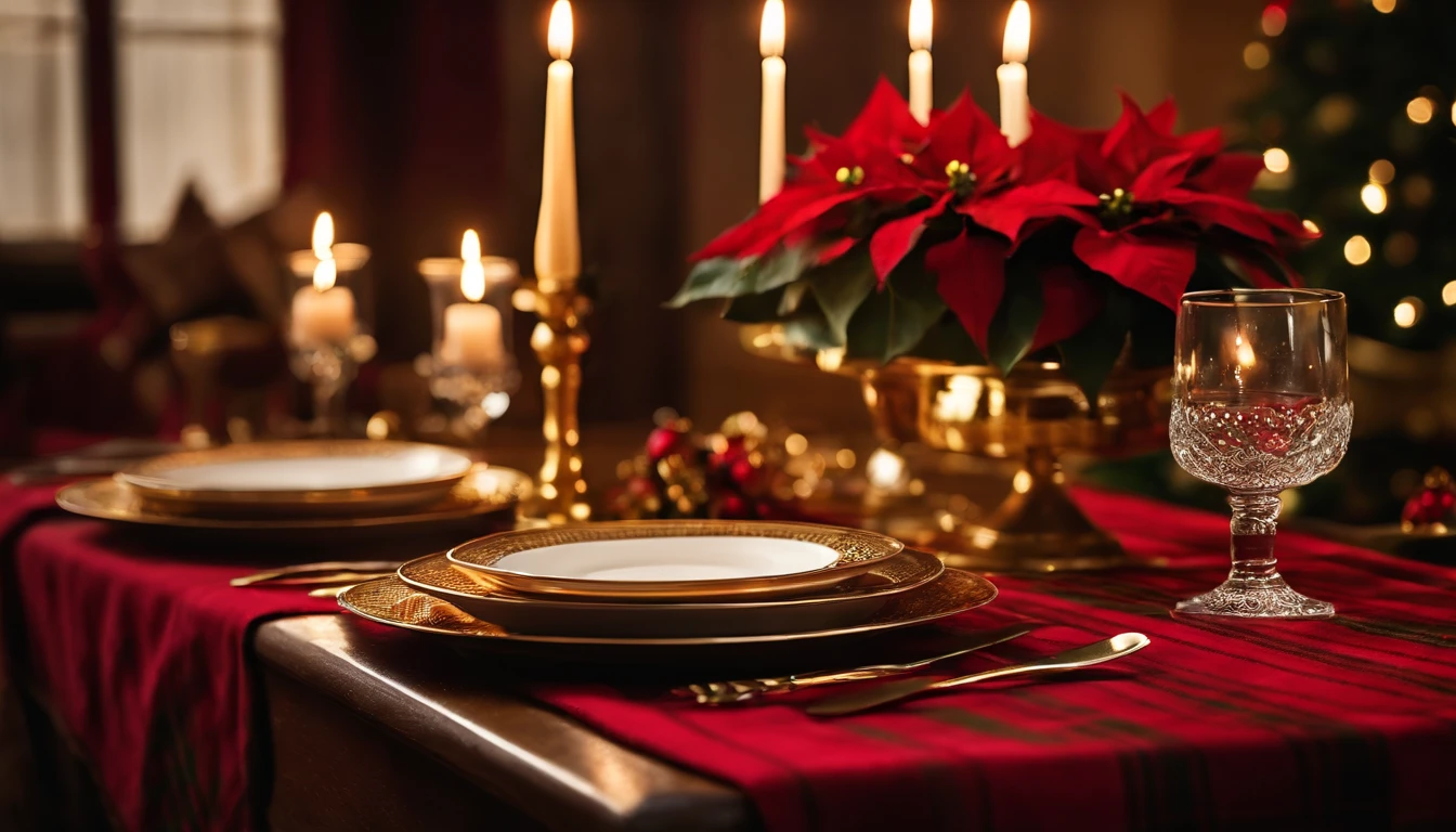 A festive table setting with a red and green plaid tablecloth, gold-accented dinnerware, and a centerpiece of poinsettias and candles.