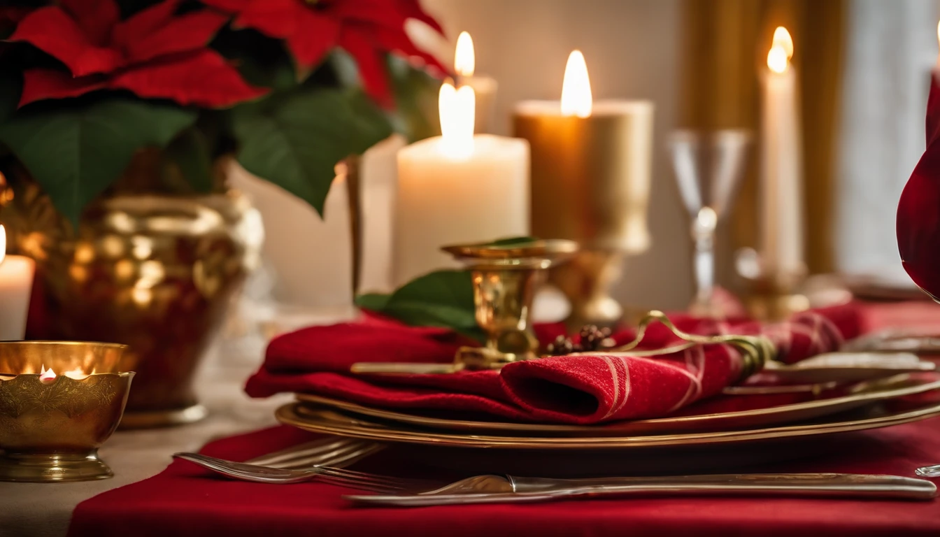 A festive table setting with a red and green plaid tablecloth, gold-accented dinnerware, and a centerpiece of poinsettias and candles.