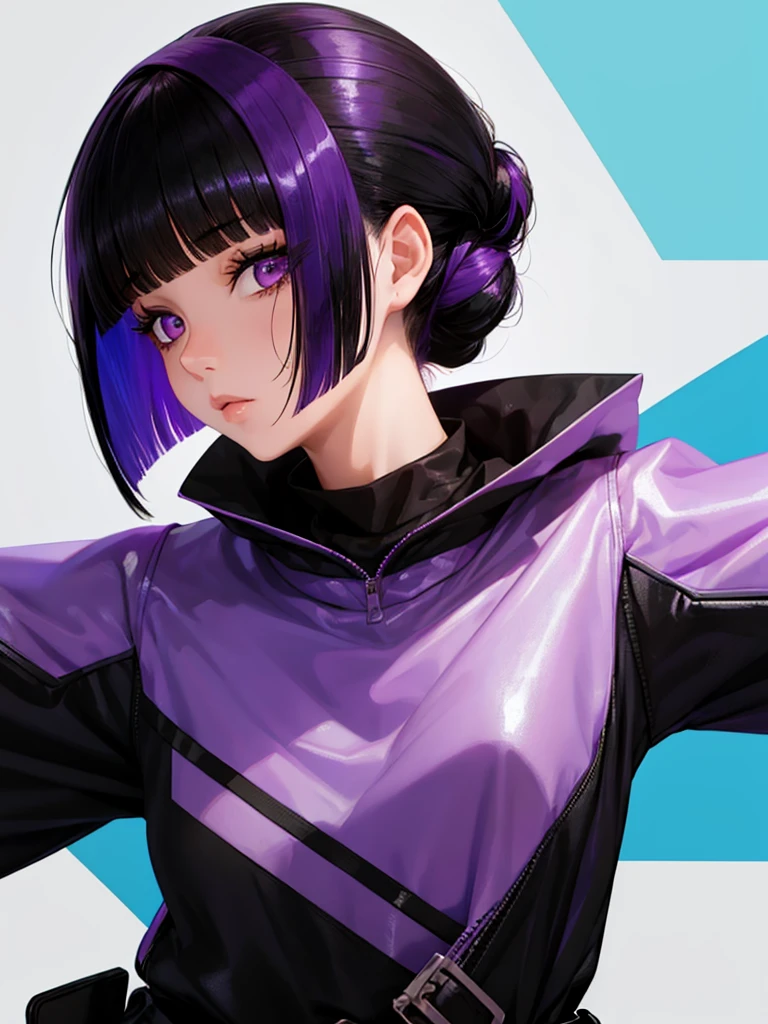 1girl, black hair, cool, purple eyes, cool outfit, cool hairstyle, hair up, portrait, colorful background, 2 colors background, absurdres, high res, ultrasharp, 8k, masterpiece, looking at viewer