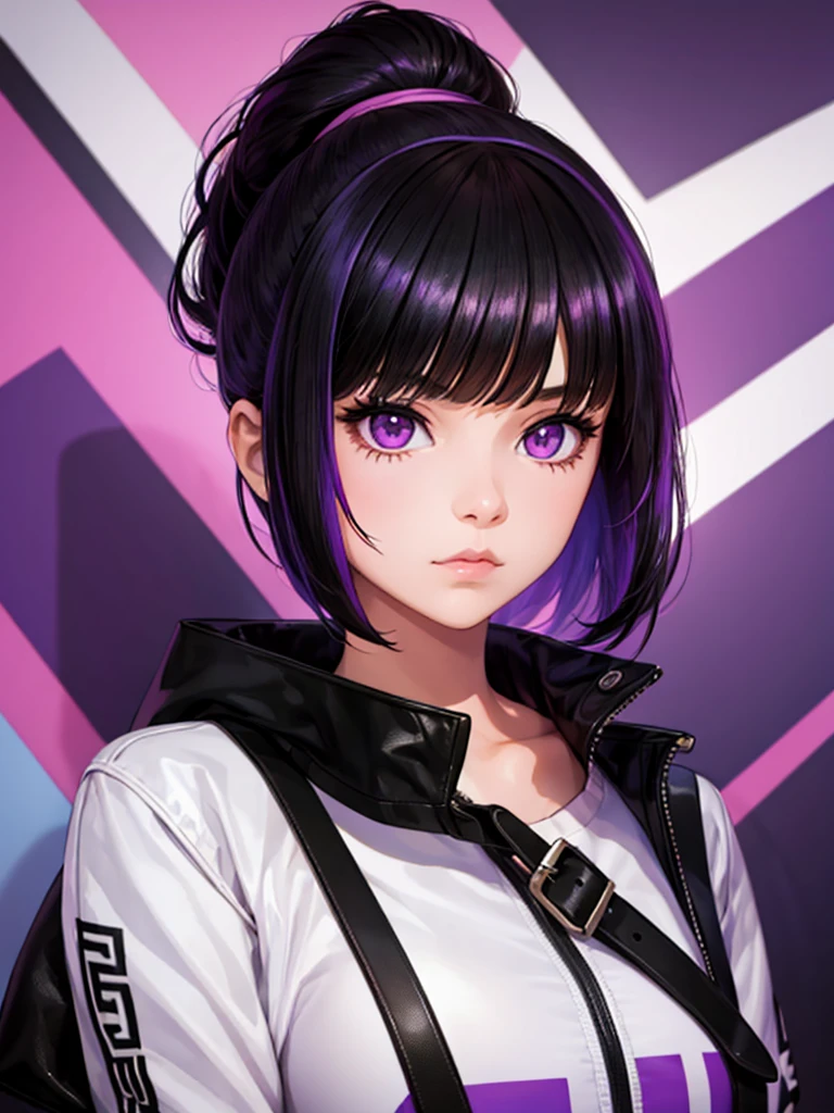 1girl, black hair, cool, purple eyes, cool outfit, cool hairstyle, hair up, portrait, colorful background, 2 colors background, absurdres, high res, ultrasharp, 8k, masterpiece, looking at viewer