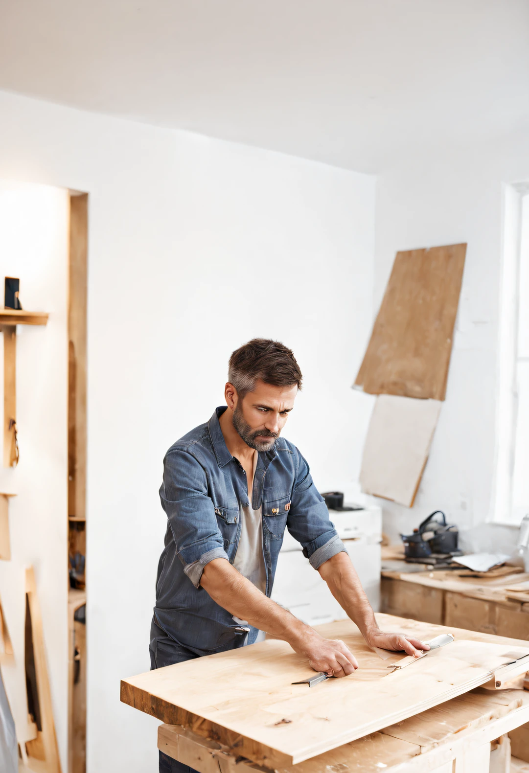 ((A man,working in his unfinished apartment)).Home,cutting wood board,apartment,casual clothing, short hair, unshaved.