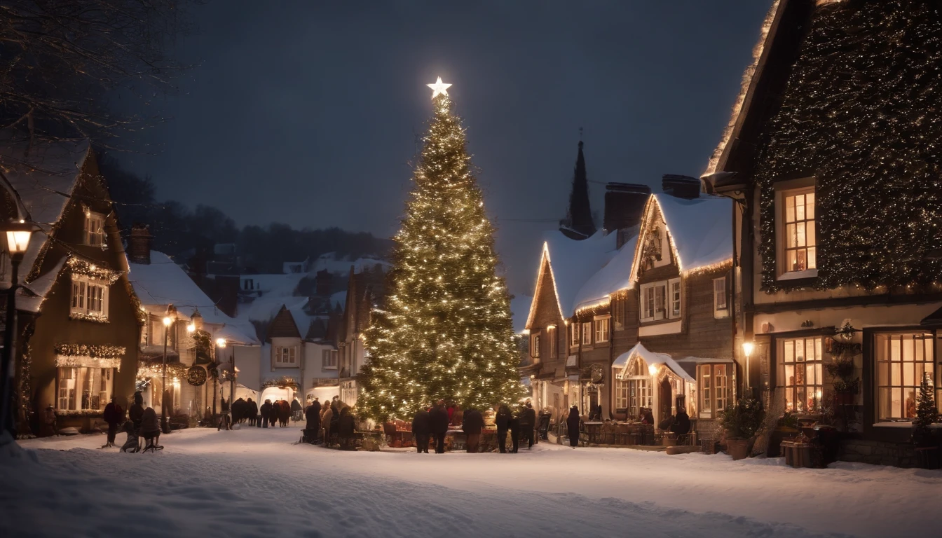 A picturesque winter village scene with quaint cottages covered in snow, surrounded by twinkling lights and a giant Christmas tree in the town square.