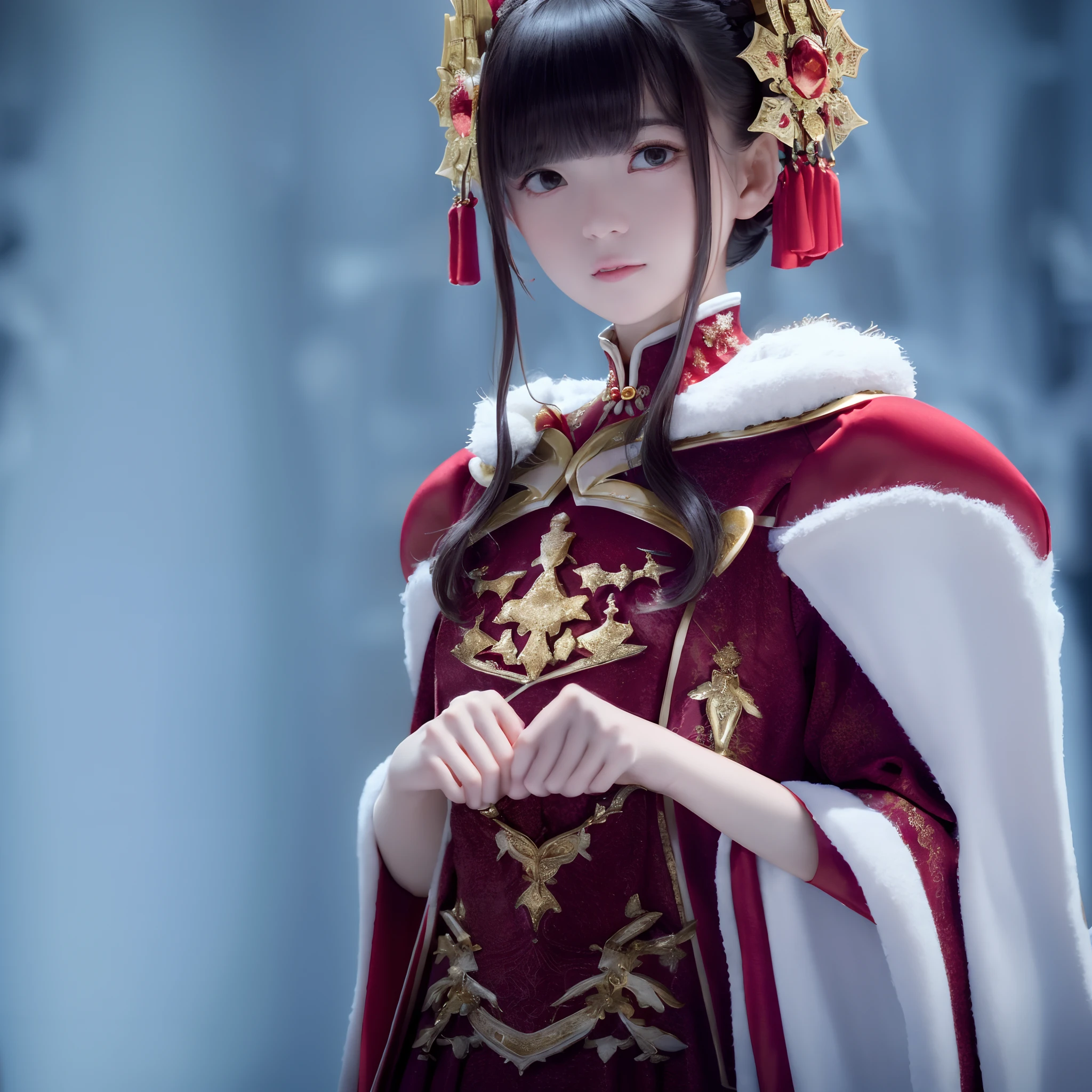 there is a woman in a red dress standing in the snow, lunar themed attire, photogenic details on armor, wearing gilded ribes, close up half body shot, wearing a red cheongsam, crimson attire, upper body close up, upper body close - up, high texture detail), wearing gilded red robes, waist - shot, very detailed and rich clothing