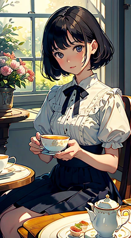 (top-quality、masterpiece)、(Watercolor in Sargent style)、(David Hamilton Style)、(softfocus)、Cinema Angle、ciinematic light、softlight、1girl in、、A stunning、Short black hair、Black eyes、tiny chest、校服、long skirt、Vintage Victorian style、Afternoon Tea Time、The table、 Lace tablecloth、a cake、tea cup、Flowers in a vase、houseplant、 Soft iridescent light、