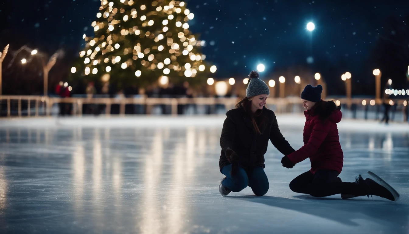 A charming outdoor ice skating rink, with skaters gliding gracefully on the ice under a starlit sky, with a Christmas tree in the center.