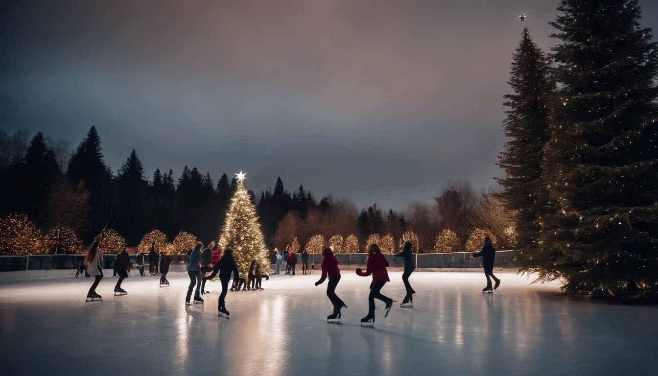 A charming outdoor ice skating rink, with skaters gliding gracefully on the ice under a starlit sky, with a Christmas tree in the center.