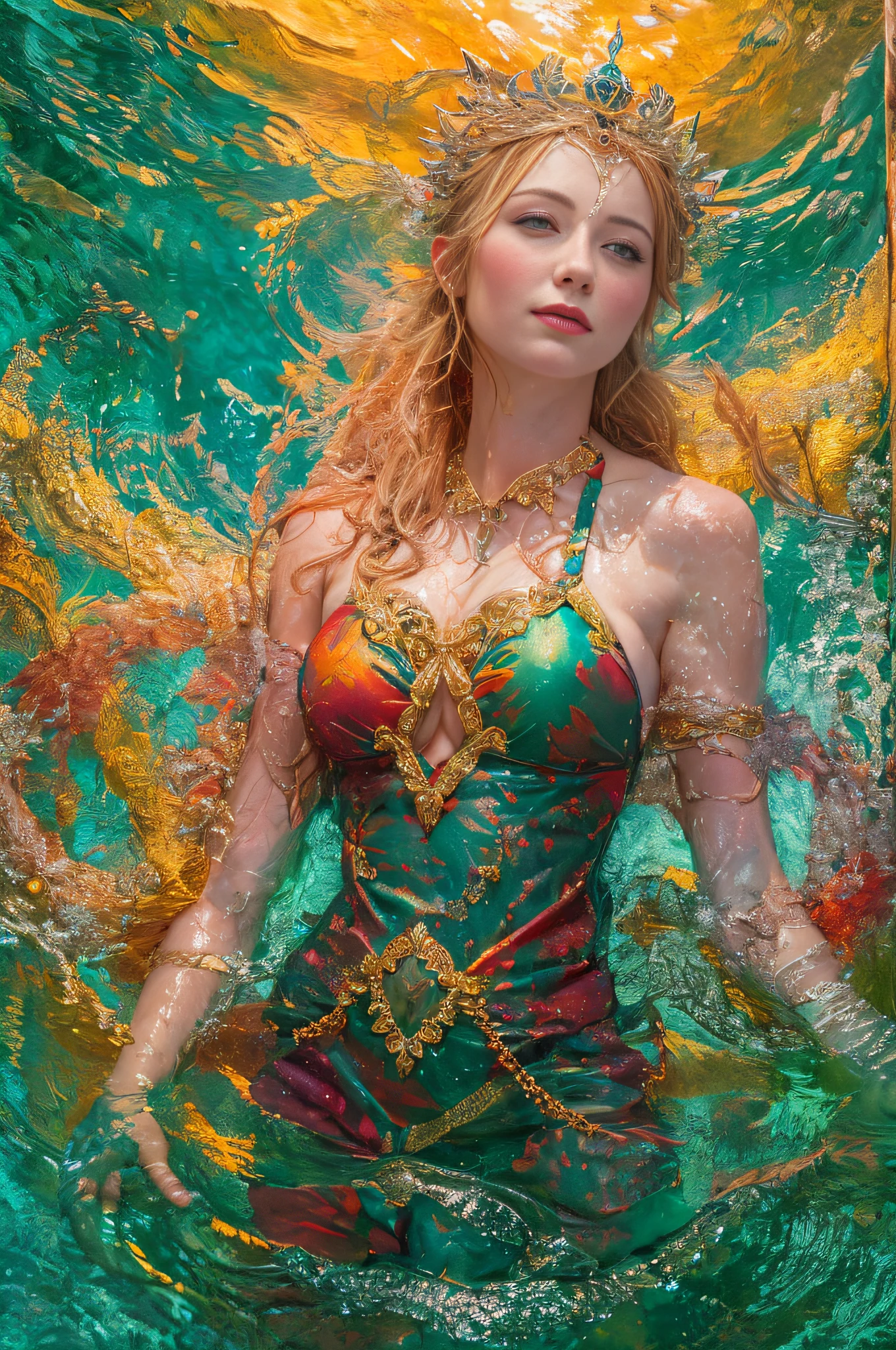 Glamour style portrait of a Norse goddess, Bathe in a pool of bright water