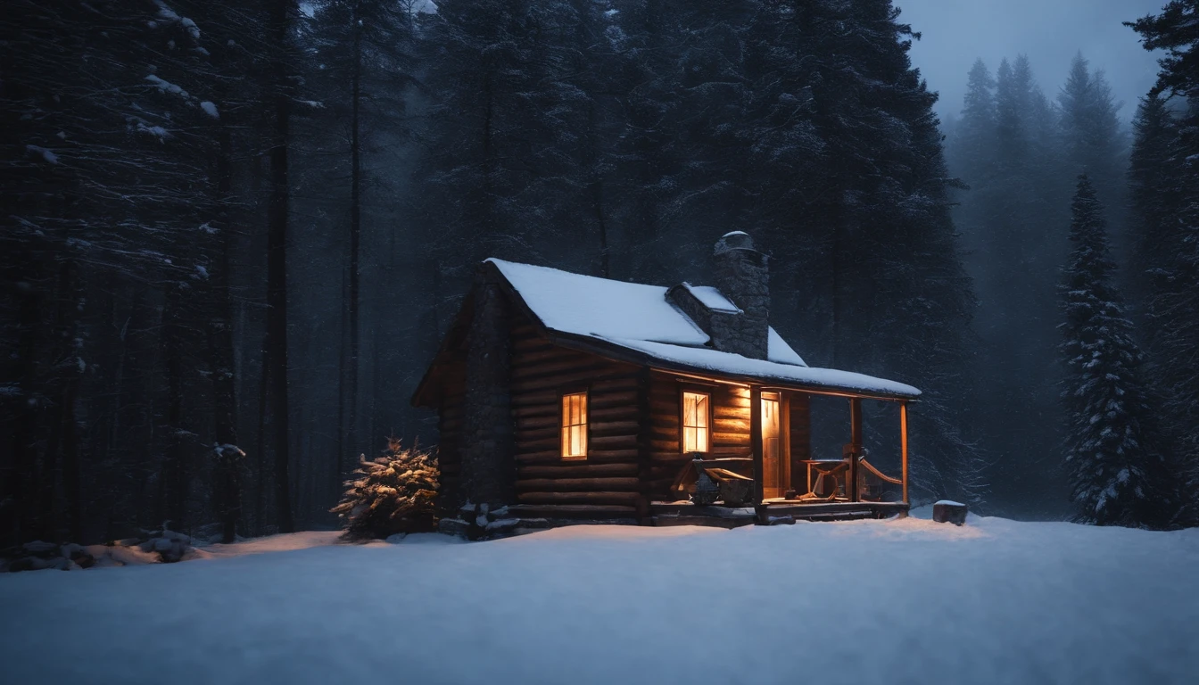 A cozy cabin in the woods, nestled in a snowy landscape, with snowflakes gently falling and smoke rising from the chimney.