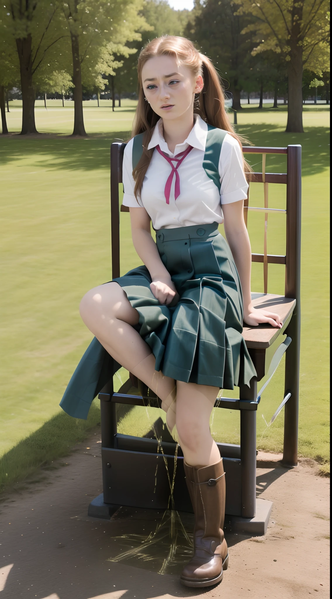 Sophie Turner sitting while peeing in school uniform during exam, official art, 16k resolution, hyper-realistic photo, ultra detailed, beautiful and aesthetic, realistic skin texture, realistic clothing texture, Sharp Focus, HDR, amazing detail,  extremely detailed eyes, highres, RAW photo,  Best Quality, High Resolution photo, full body view, masterpiece, best quality, realistic, (1girl:1.2),  long braid pigtails, green eyes, (thick heavy polyester (red) pleated school uniform:1.2), (curtsy:1.8), (high heel riding boots: 1.5), classroom, leaning back, (legs crossed trying to close her pee hole:1.8), (large breasts:1.5), sidelighting, blue sky, needs to pee very urgently, defeated accepting the inevitable peeing herself, embarrassed, blushing, silently crying, flustered, upset, (cross-eyed as her pee forces out into her skirt:1.5) (holding sides of skirt doing curtsy: 1.8)