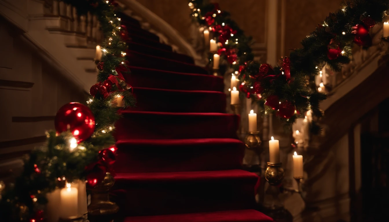 A grand staircase decorated with garlands, ornaments, and a cascading red velvet ribbon, leading up to a beautifully lit Christmas tree.