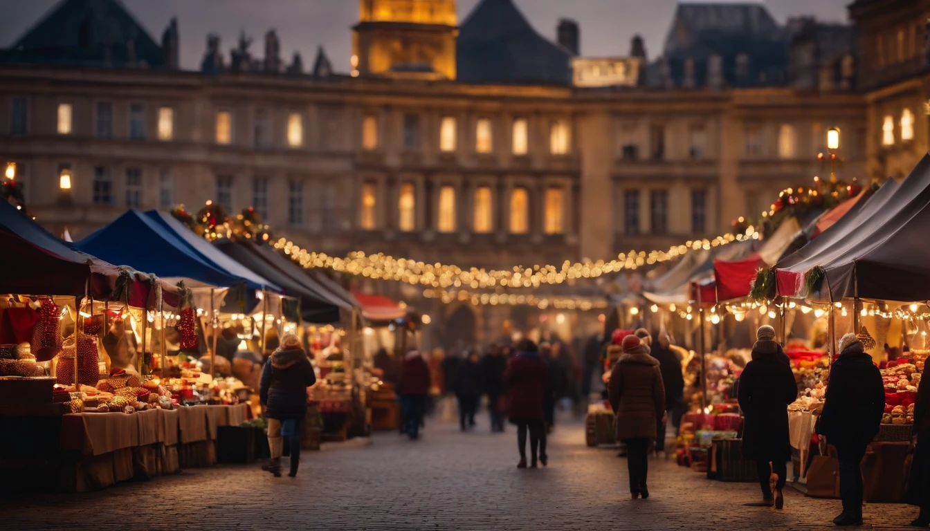 A festive market scene with colorful stalls, selling handmade crafts, ornaments, and delicious holiday treats, with a backdrop of a historic city square.