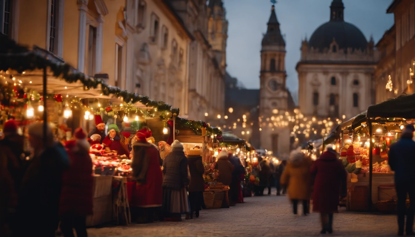 A festive market scene with colorful stalls, selling handmade crafts, ornaments, and delicious holiday treats, with a backdrop of a historic city square.