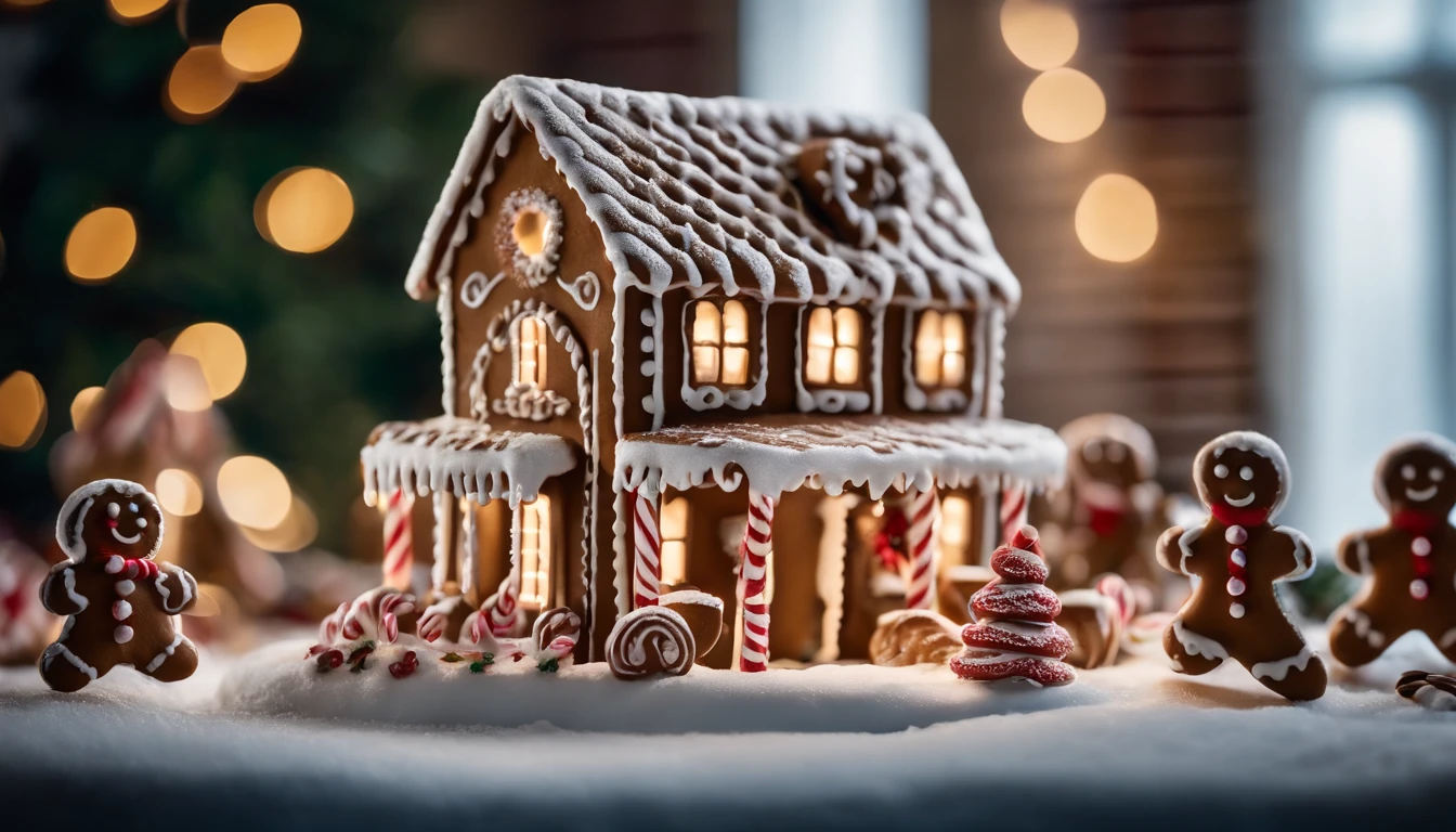 A whimsical gingerbread house with intricate icing details, candy cane accents, and a dusting of powdered sugar, surrounded by gingerbread characters.