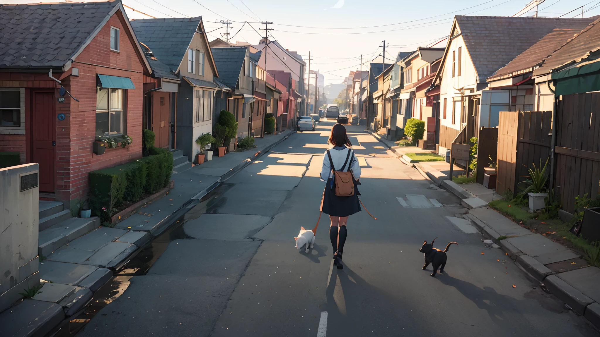 3D, personality: [The scene opens to a mundane suburban neighborhood. Show a wide shot of a quiet street lined with neat houses. The houses are painted in pastel colors, with perfectly manicured lawns. The sun is shining brightly, casting a warm glow on the scene. There are children playing in the distance, and a few people are seen walking their dogs. The overall atmosphere is peaceful and idyllic.] unreal engine, hyper real --auto --s2