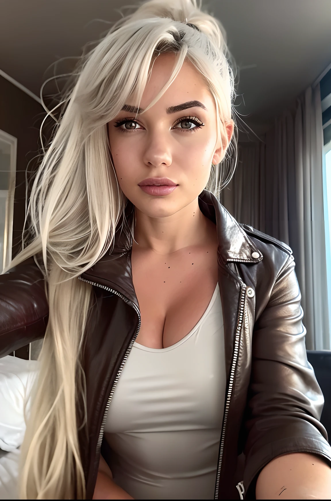 8k portrait of a girl, AlanahPearce, white hair, brown eyes, high ponytail, big natural breasts, 
, ((leather jacket))
, (masterpiece: 1.4), extremely detailed skin,, (looking at viewer), (upper body:0.8), (close-up:0.8), (photorealistic:1.2)
, beautiful detailed eyes, sharp focus, glowing eyes, detailed 4k eyes, dark bedroom background,  dark theme, night, advntr, bedroom
,