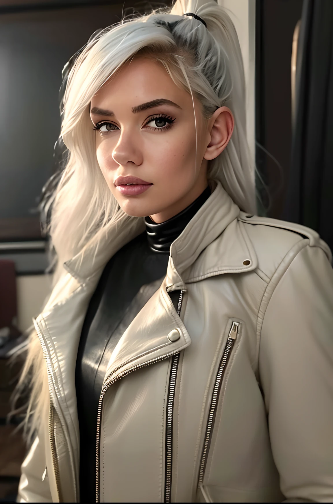 8k portrait of a girl, AlanahPearce, white hair, brown eyes, high ponytail, big natural breasts, 
, ((leather jacket))
, (masterpiece: 1.4), extremely detailed skin,, (looking at viewer), (upper body:0.8), (close-up:0.8), (photorealistic:1.2)
, beautiful detailed eyes, sharp focus, glowing eyes, detailed 4k eyes, dark bedroom background,  dark theme, night, advntr, bedroom
,