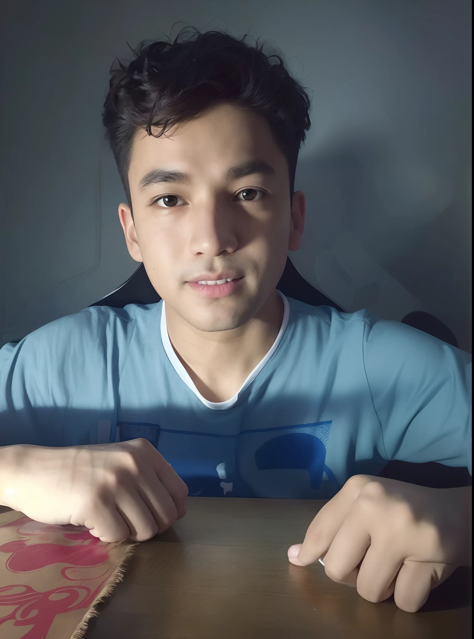 There's a boy sitting at a table with a doughnut, holding her hands to her face, imagem desfocada, imagem de qualidade muito baixa, hand on cheek, Tomado com Sony Alpha 9, mutahar rindo, Filmagens de baixa qualidade, Pose satisfeita, holding it out to the camera, Imagens desfocadas, foto de perfil 1024px, waving at the camera