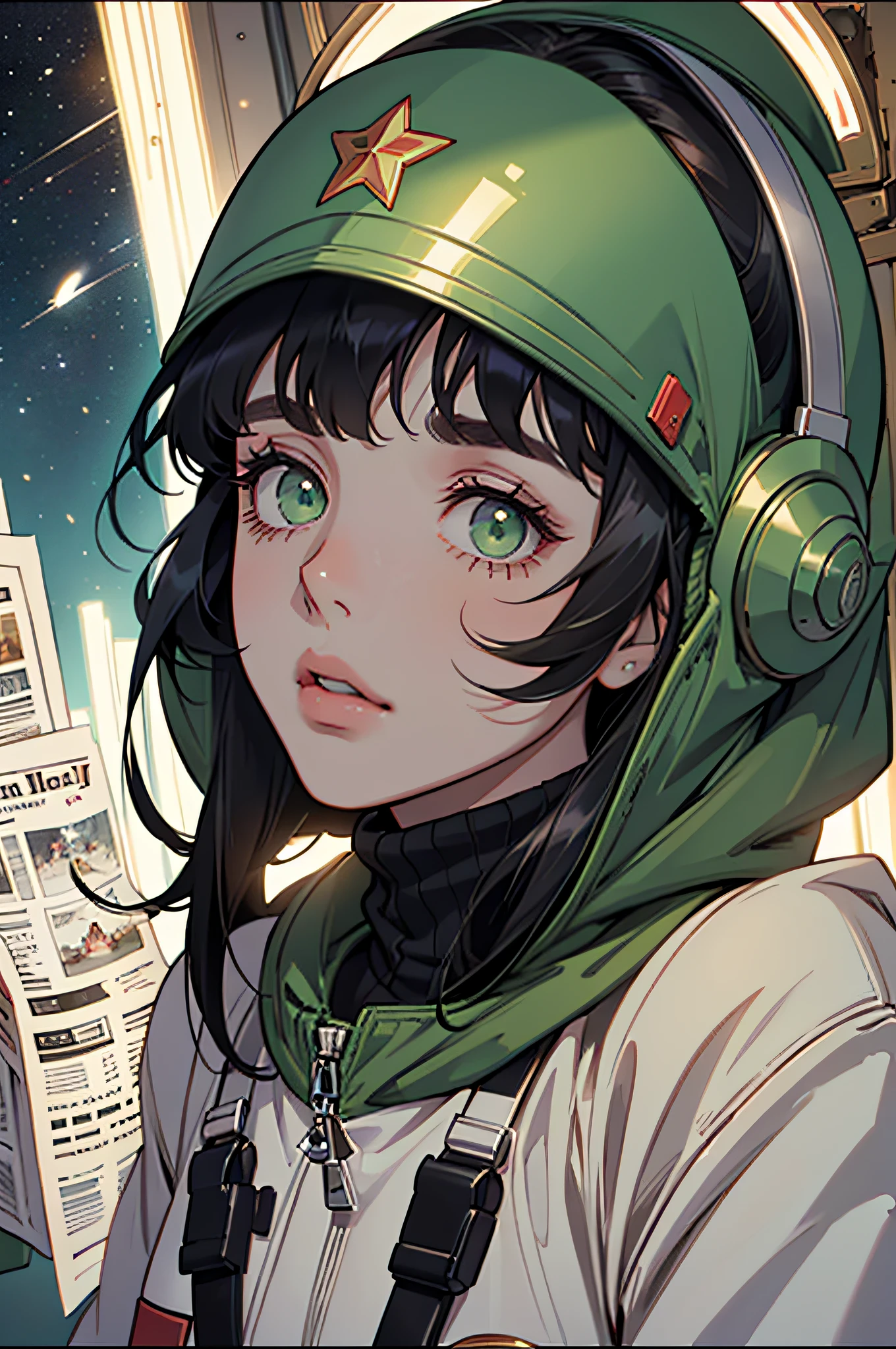 1girl in, Gorgeous green eyes and details, Shiny hair, Black hair, Hair between the eyes, Straight, Screen Center, Looking up at the flat, CCCPposter, On coffee-colored sheets, Old newspaper news style, sovietposter, youthfulness, USSR style, In outer space, the sea of star, Red CCCP letters at the top of the helmet, weightless, side lights, reflection, Reflects sunlight, space suits