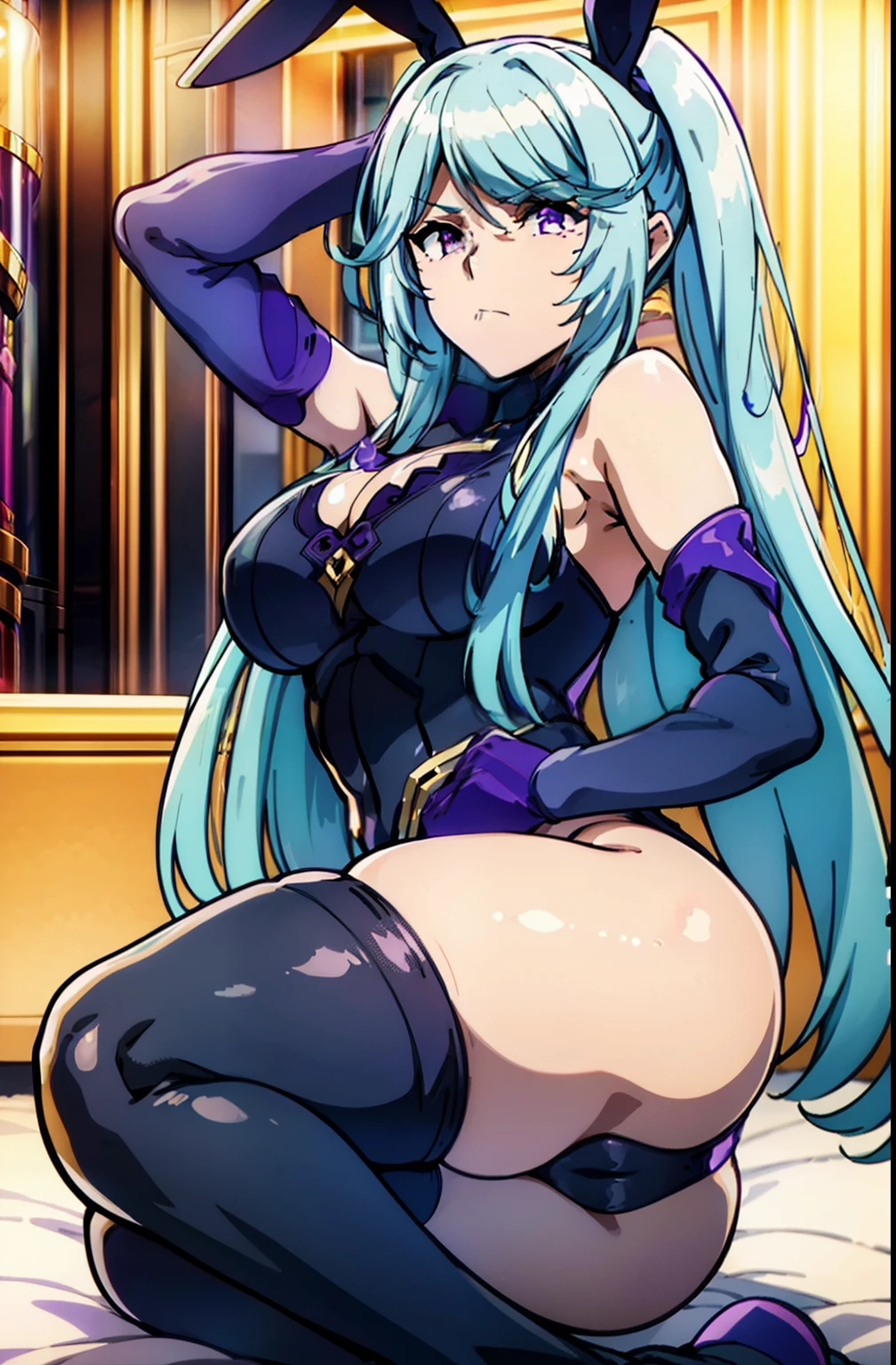 Purple eyes, aqua hair   ears  girl bunnysuit cleavage pantyhose 