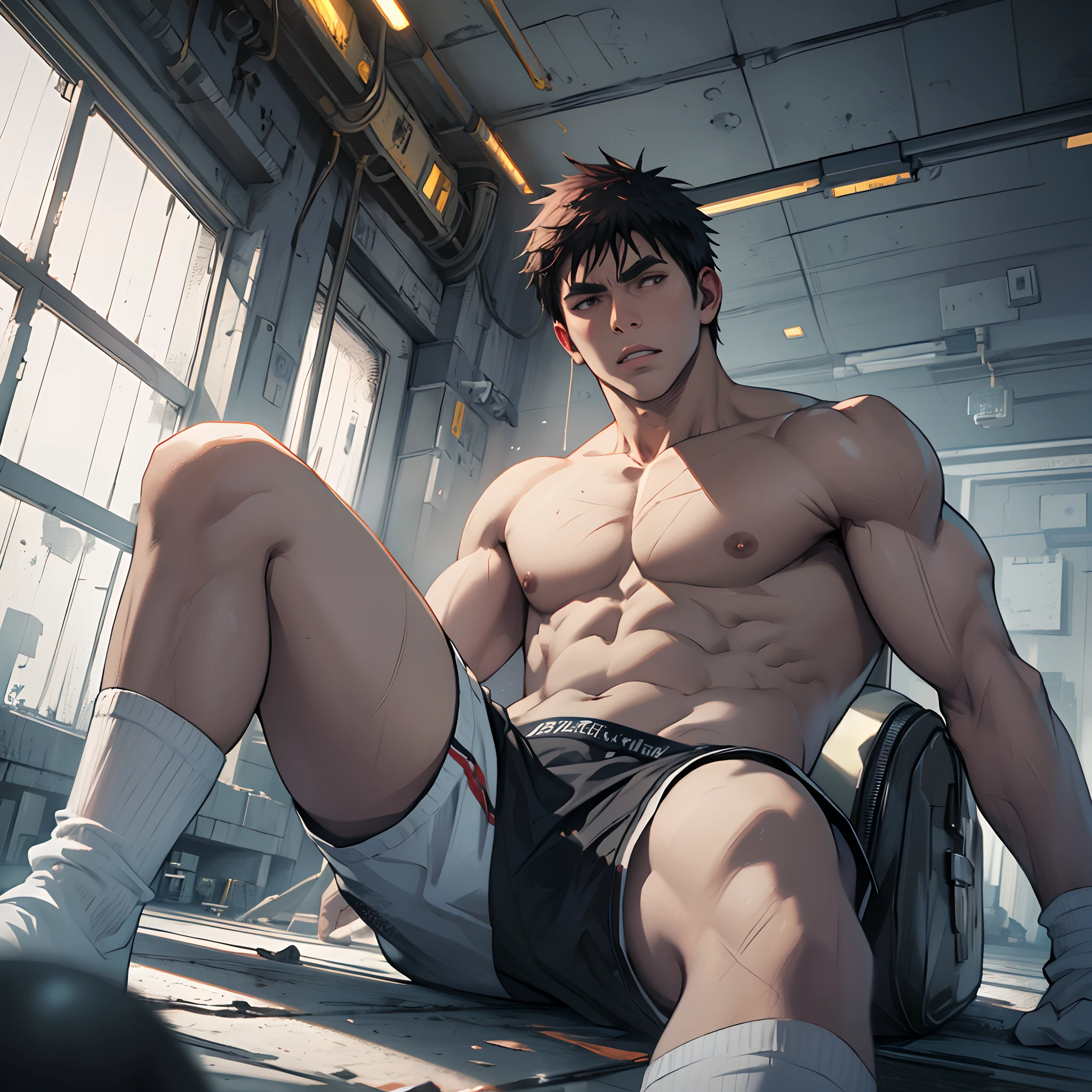 Libido boy，Tong，large pecs，Big bag，Wear white basketball socks，Half recumbent，CG sense，POV perspective，spread their legs，Dark atmosphere，8K,Cinematic lighting effects，Textured skin，best qualtiy，Storytelling images，Storytelling images，dynamic blur，actionpose，Elevation viewing angle