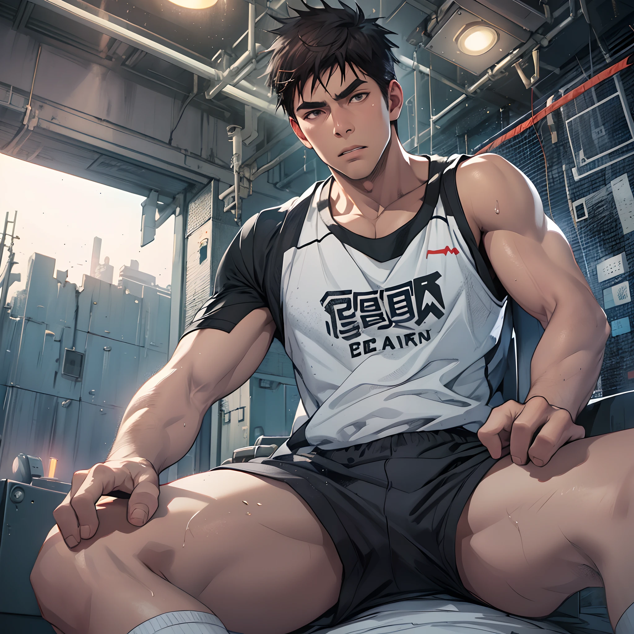 Libido boy，Tong，large pecs，Big bag，Wear white basketball socks，Half recumbent，CG sense，POV perspective，spread their legs，Dark atmosphere，8K,Cinematic lighting effects，Textured skin，best qualtiy，Storytelling images，Storytelling images，dynamic blur，actionpose，Elevation viewing angle