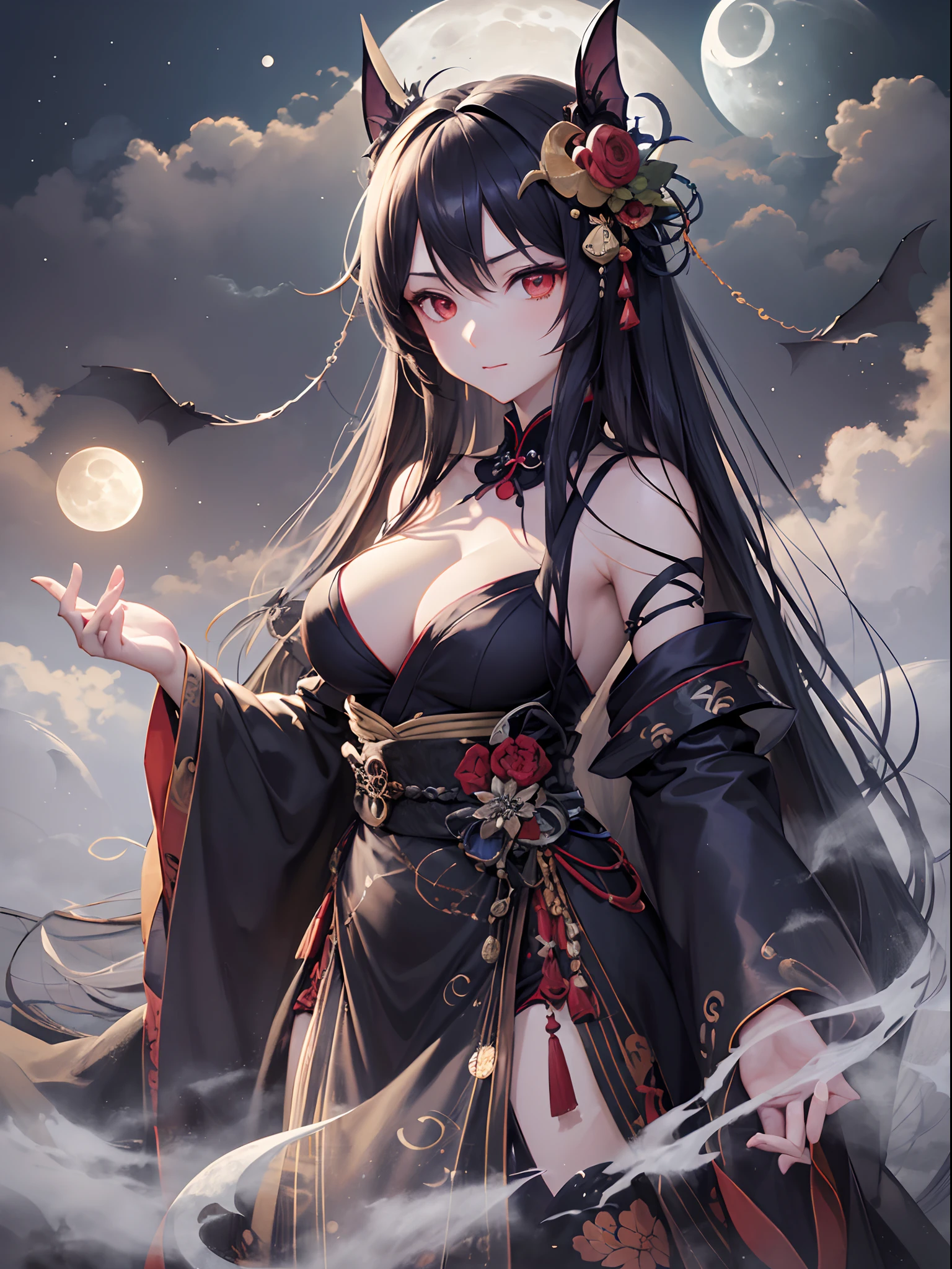 ((Finest quality)),(超A high resolution),(ultra-detailliert),(Meticulous portrayal),((Best Anime)),(Finest works of art),sharpnes,Clair,Ultra-Precision Art,The art of astounding depiction,Beautiful fantasy art with intricate and detailed details, ((Fog:1.6)),((The moon through the clouds:1.4), (1人の女性),Japanese dress,arachne,the bats,youkai,weird