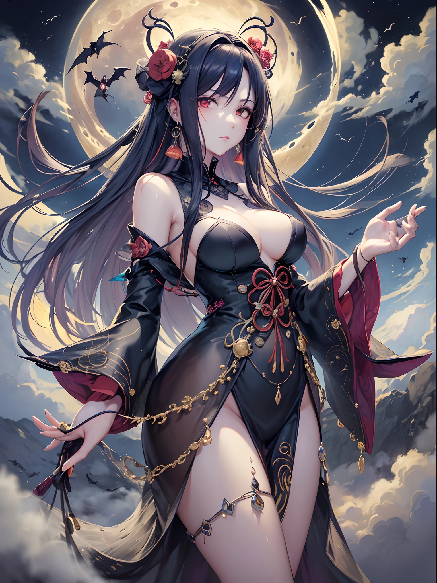 ((Finest quality)),(超A high resolution),(ultra-detailliert),(Meticulous portrayal),((Best Anime)),(Finest works of art),sharpnes,Clair,Ultra-Precision Art,The art of astounding depiction,Beautiful fantasy art with intricate and detailed details, ((Fog:1.6)),((The moon through the clouds:1.4), (1人の女性),Japanese dress,arachne,the bats,youkai,weird