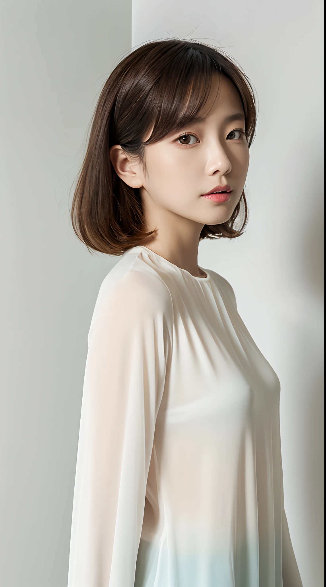 ((masterpiece,top-quality)), (photographrealistic:1.4),((masutepiece,8K)),hight resolution,Studio Soft Light, Rim Lights, vibrant detail, realistic skin textures,Japanese, 1 beautiful woman, bob Hair, faint thin bangs, make - up, 34 years old, Detailed skin, long-sleeve tunic blouse, wide-leg pants, Standing, White background, White Room,white walls, fully body photolooking at viewer