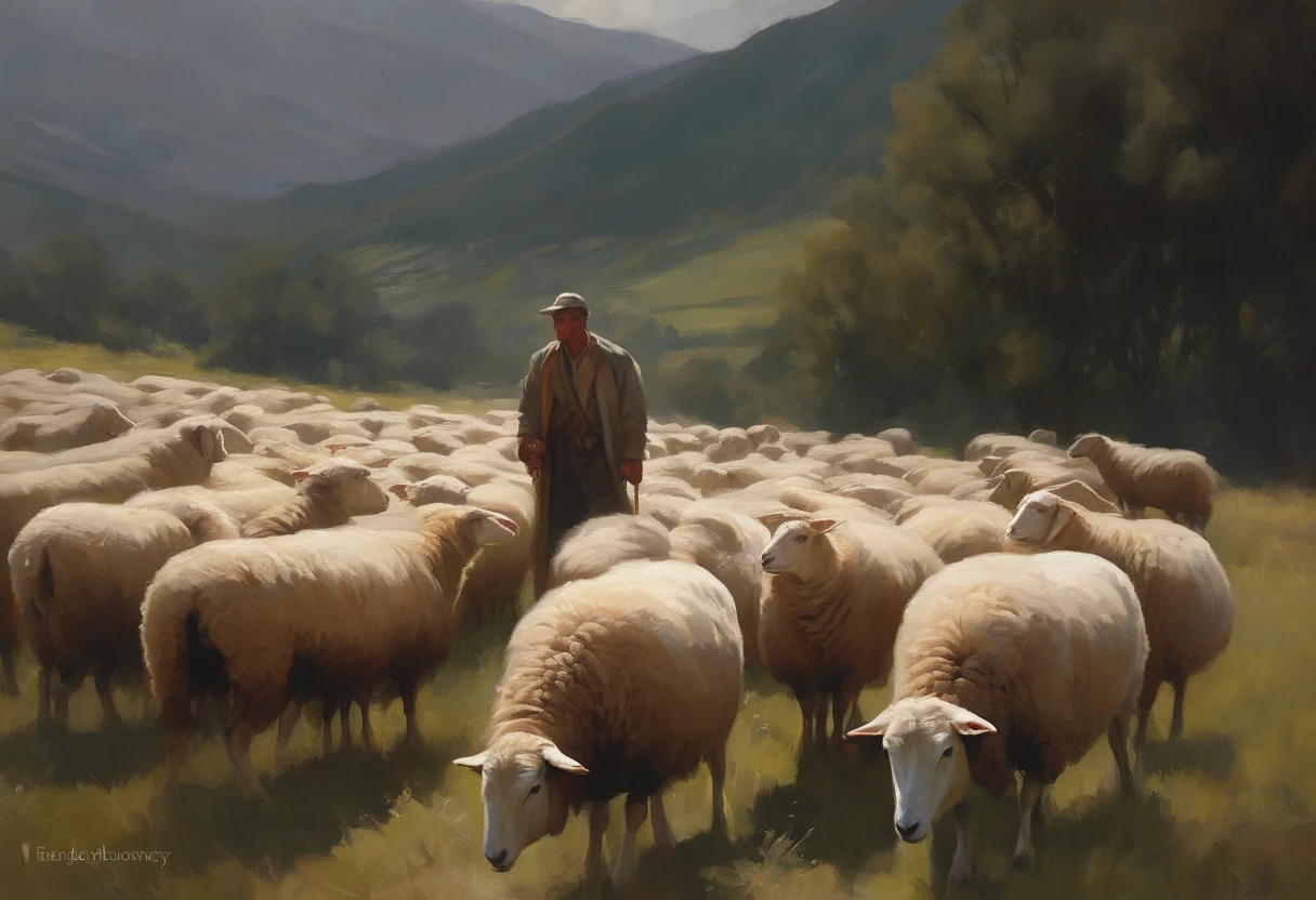 full length photo of a shepherd tending his sheep, majestic welcoming, professional oil painting by Ed Blinkey Atey Ghailan by Jeremy Mann Greg Manchess rays of light Antonio Moro trending trending at ArtStation trending at CGSociety Intricate High Detail Focus sharp painting, Dramatic, photorealistic art by Midjourney and Greg Rutkowsk