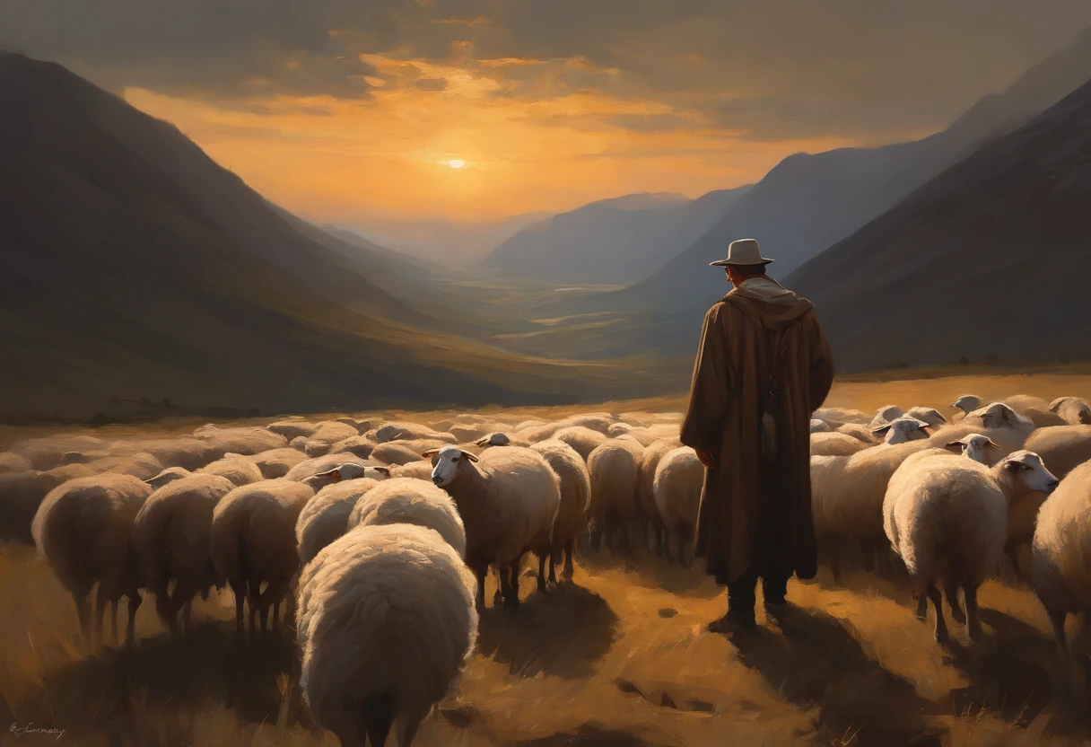full length photo of a shepherd tending his sheep, majestic welcoming, professional oil painting by Ed Blinkey Atey Ghailan by Jeremy Mann Greg Manchess rays of light Antonio Moro trending trending at ArtStation trending at CGSociety Intricate High Detail Focus sharp painting, Dramatic, photorealistic art by Midjourney and Greg Rutkowsk